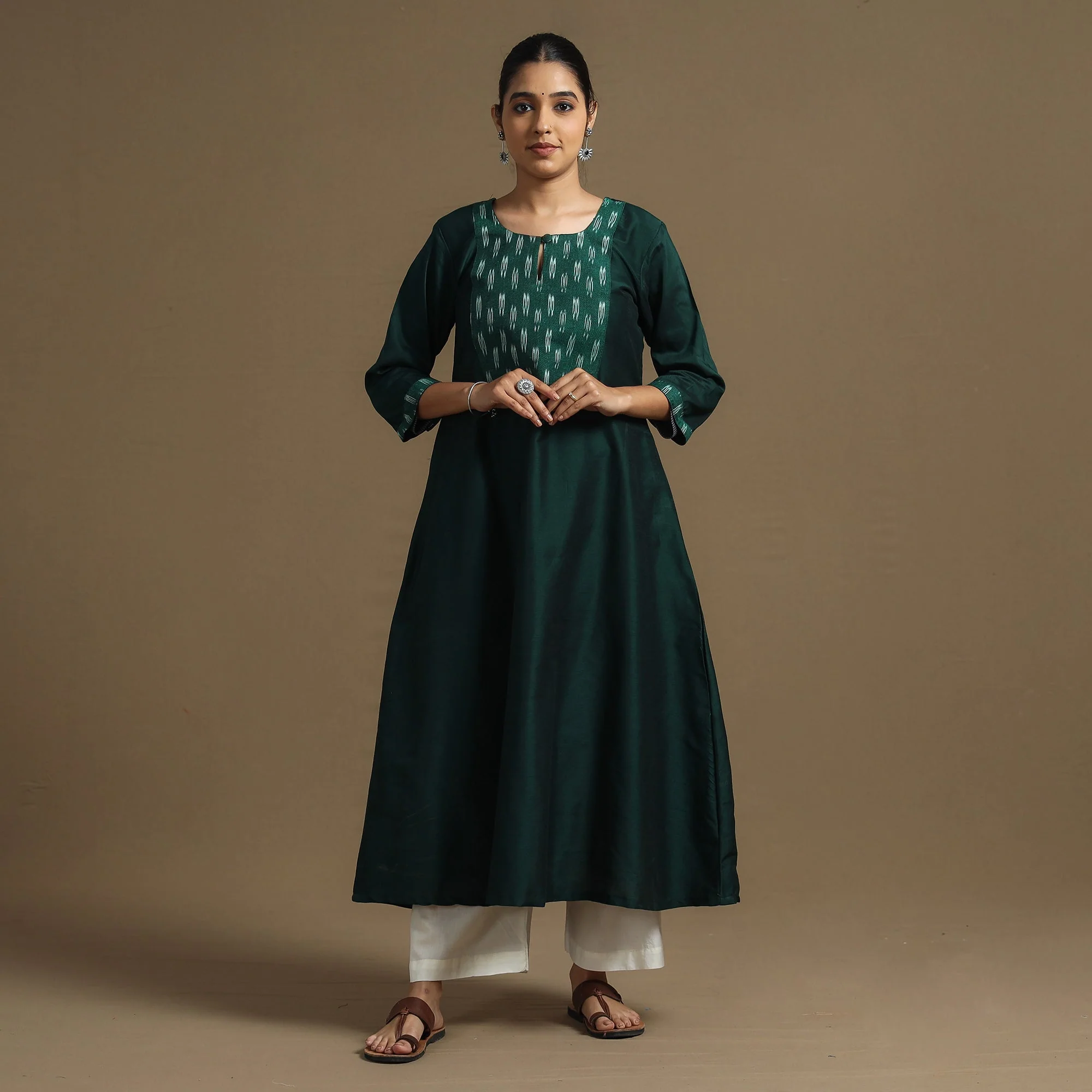 Dark Green - Plain Slub Silk A-Line Kurta with Ikat Patchwork - Image 2