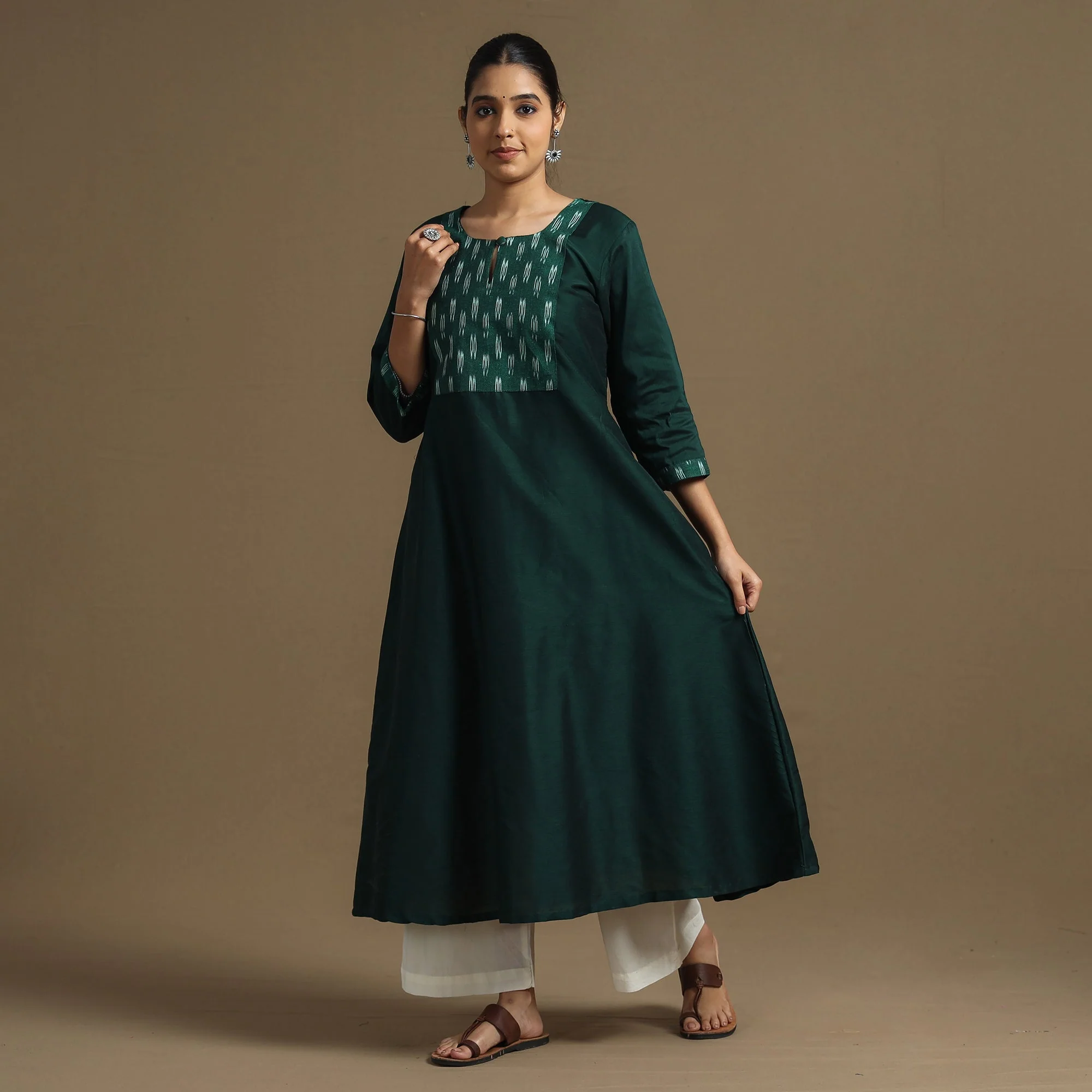 Dark Green - Plain Slub Silk A-Line Kurta with Ikat Patchwork - Image 3