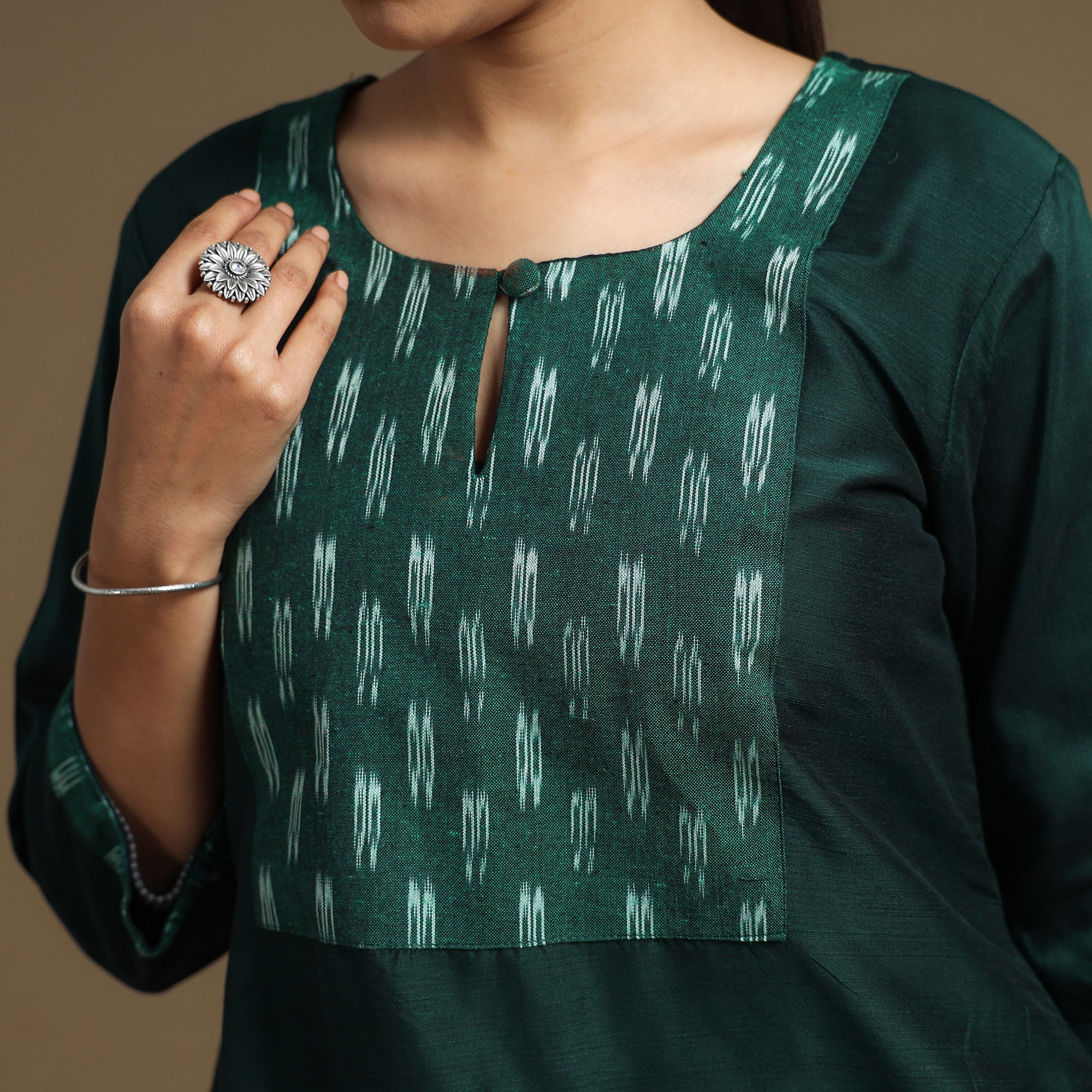 Dark Green - Plain Slub Silk A-Line Kurta with Ikat Patchwork - Image 4