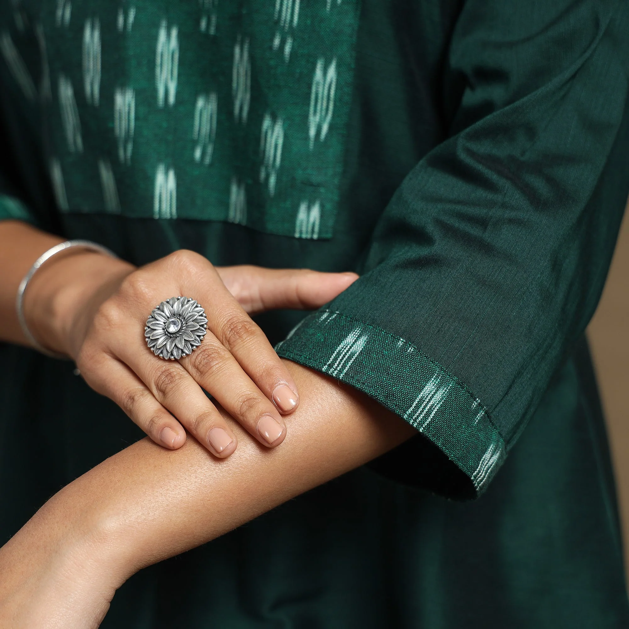 Dark Green - Plain Slub Silk A-Line Kurta with Ikat Patchwork - Image 5