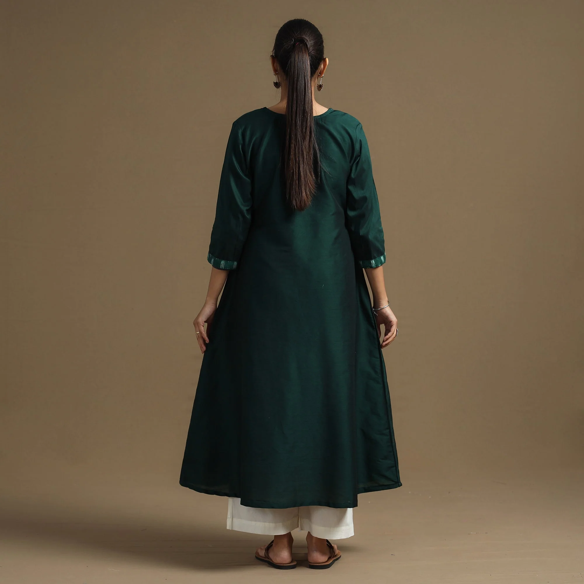 Dark Green - Plain Slub Silk A-Line Kurta with Ikat Patchwork - Image 6
