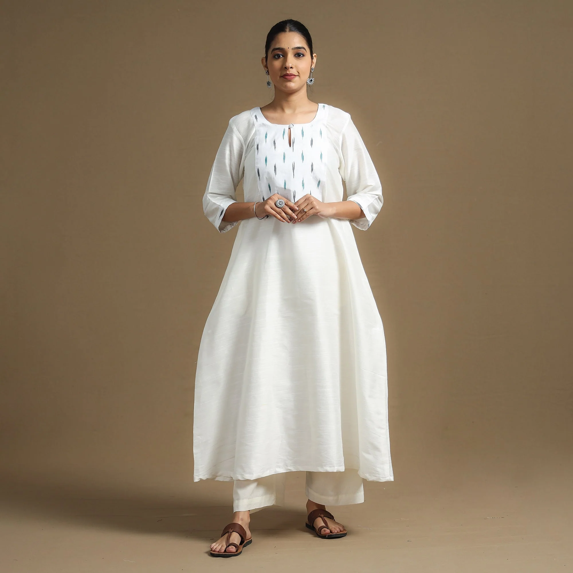 White - Plain Slub Silk Long A-Line Kurta with Ikat Patchwork 37 - Image 2