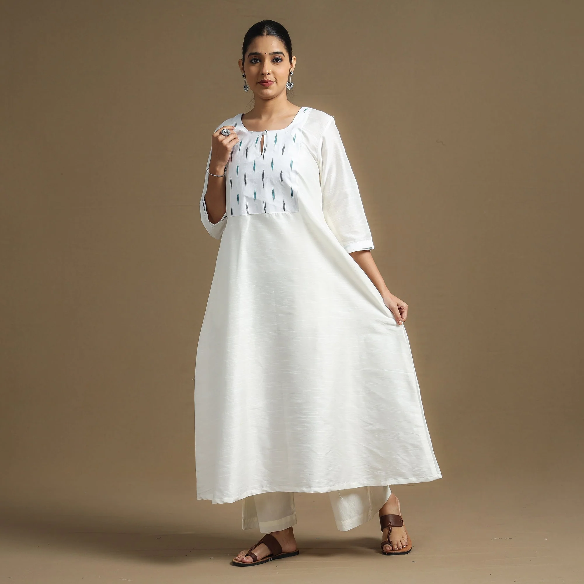 White - Plain Slub Silk Long A-Line Kurta with Ikat Patchwork 37 - Image 3
