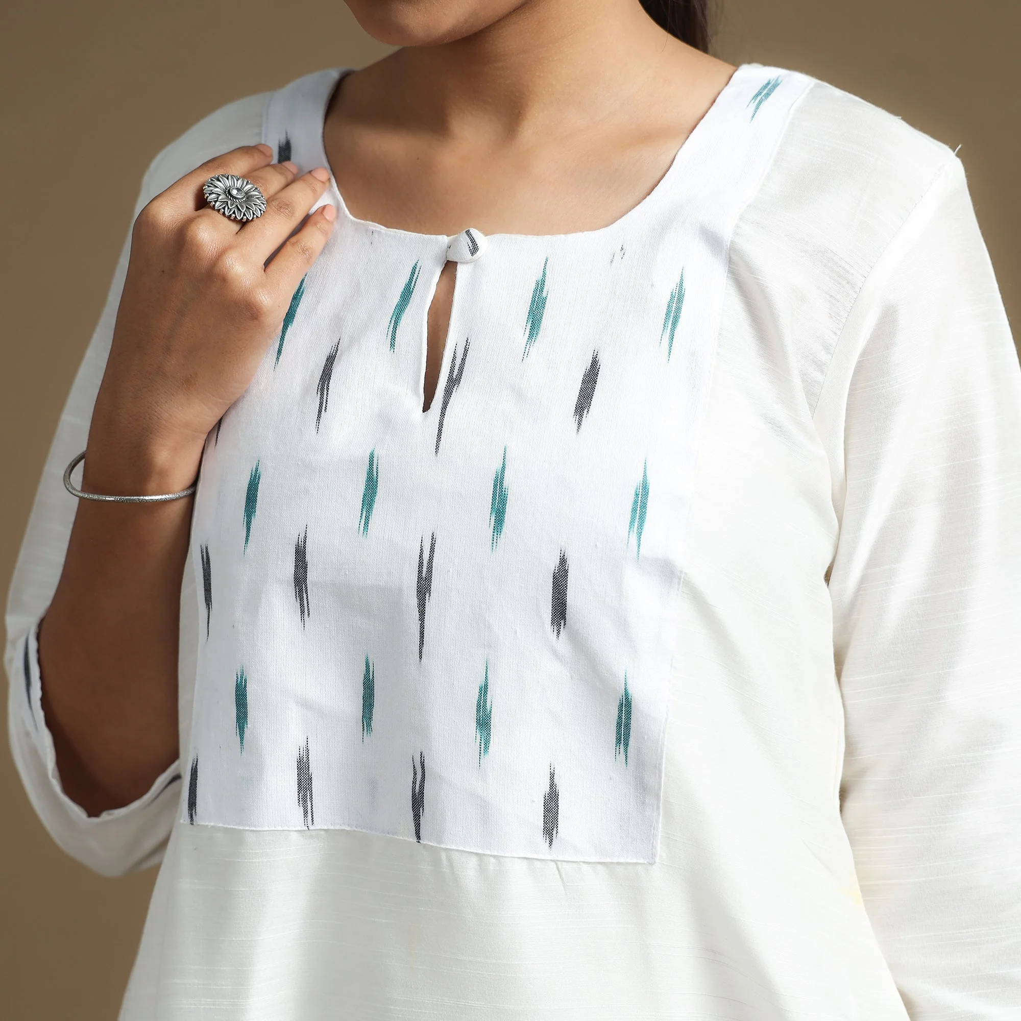 White - Plain Slub Silk Long A-Line Kurta with Ikat Patchwork 37 - Image 4