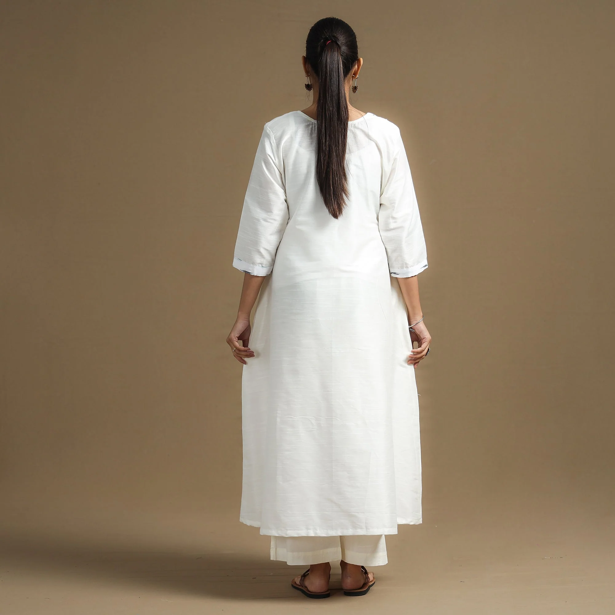 White - Plain Slub Silk Long A-Line Kurta with Ikat Patchwork 37 - Image 6