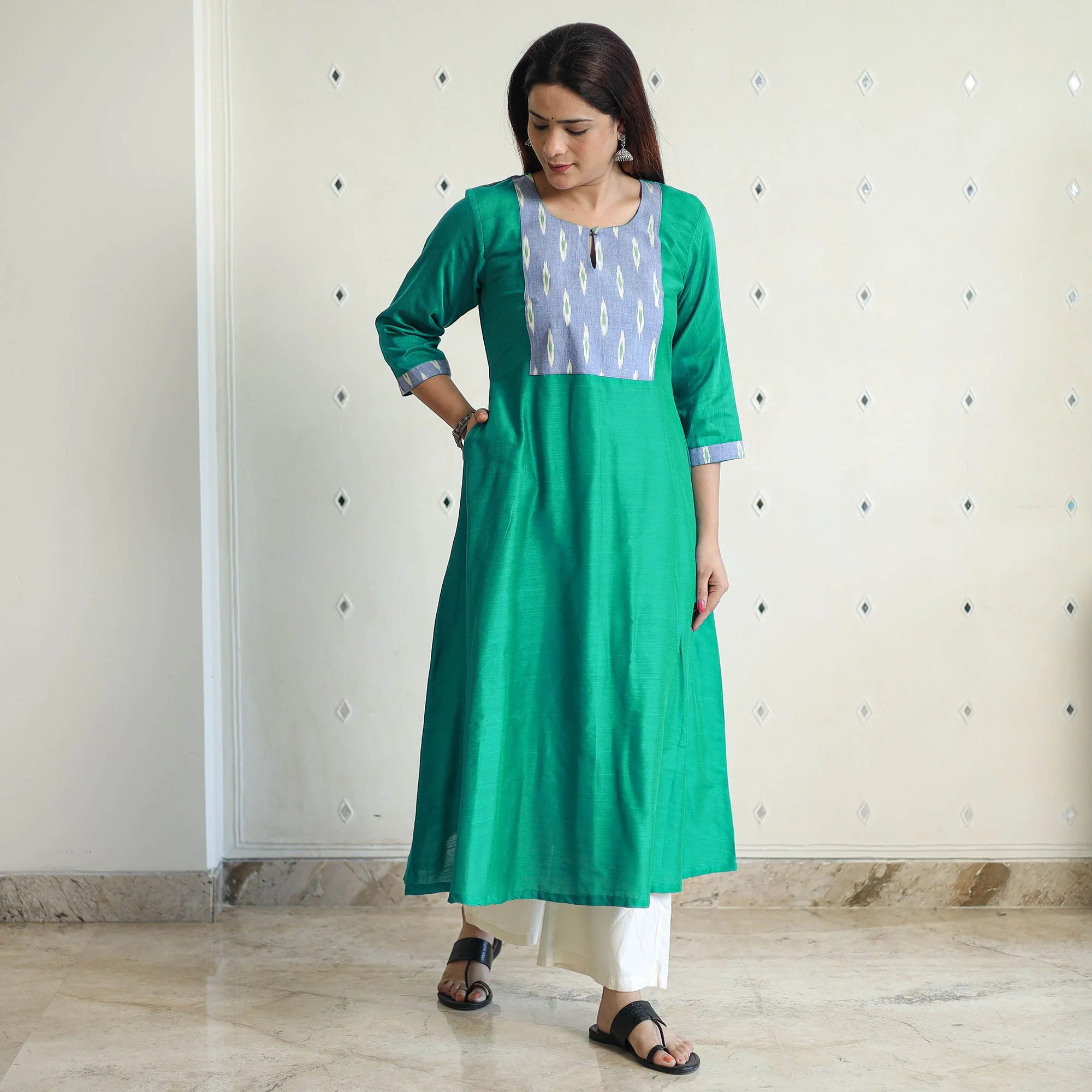Persian Green - Plain Slub Silk Long A-Line Kurta with Ikat Patchwork 38 - Image 3