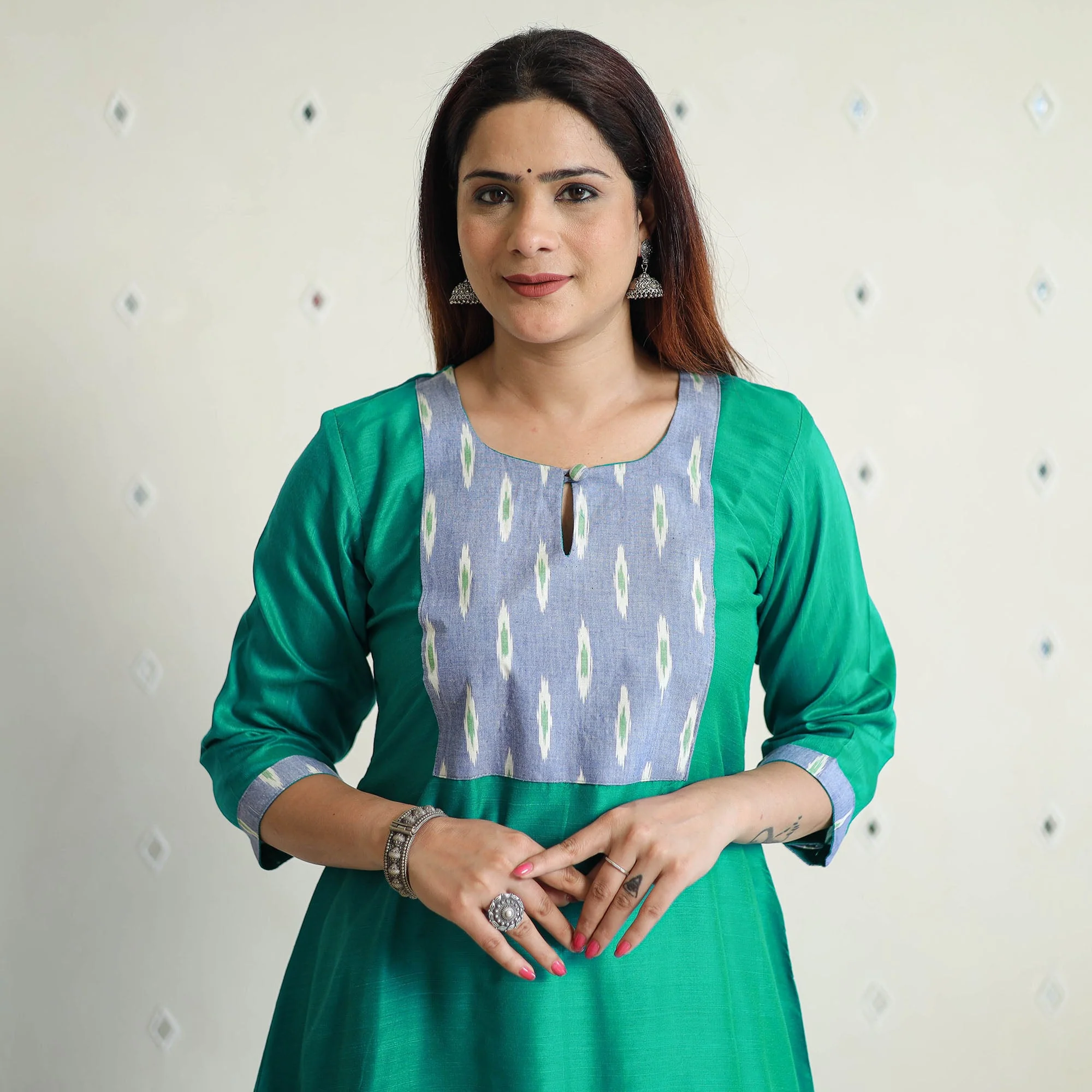 Persian Green - Plain Slub Silk Long A-Line Kurta with Ikat Patchwork 38 - Image 4