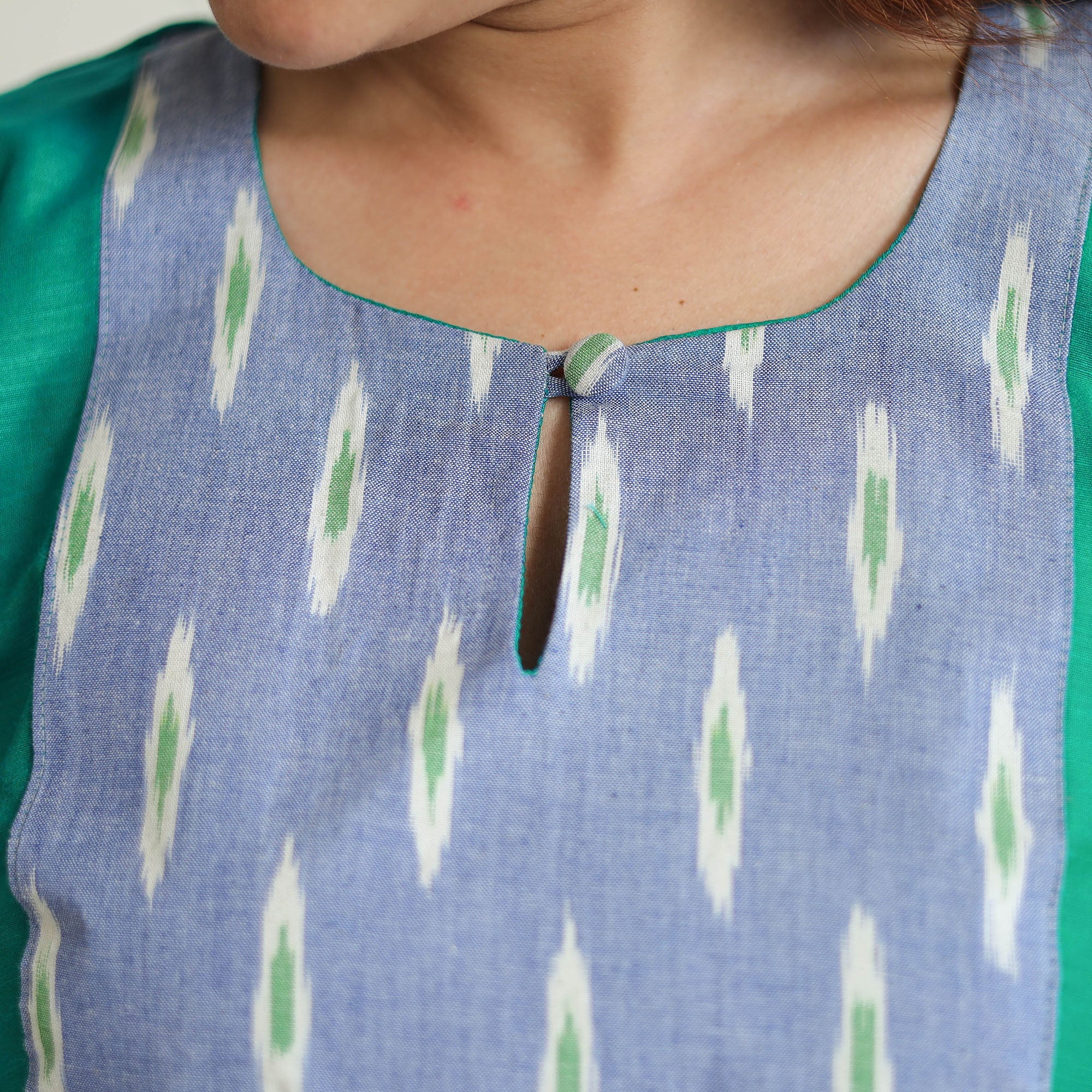 Persian Green - Plain Slub Silk Long A-Line Kurta with Ikat Patchwork 38 - Image 5