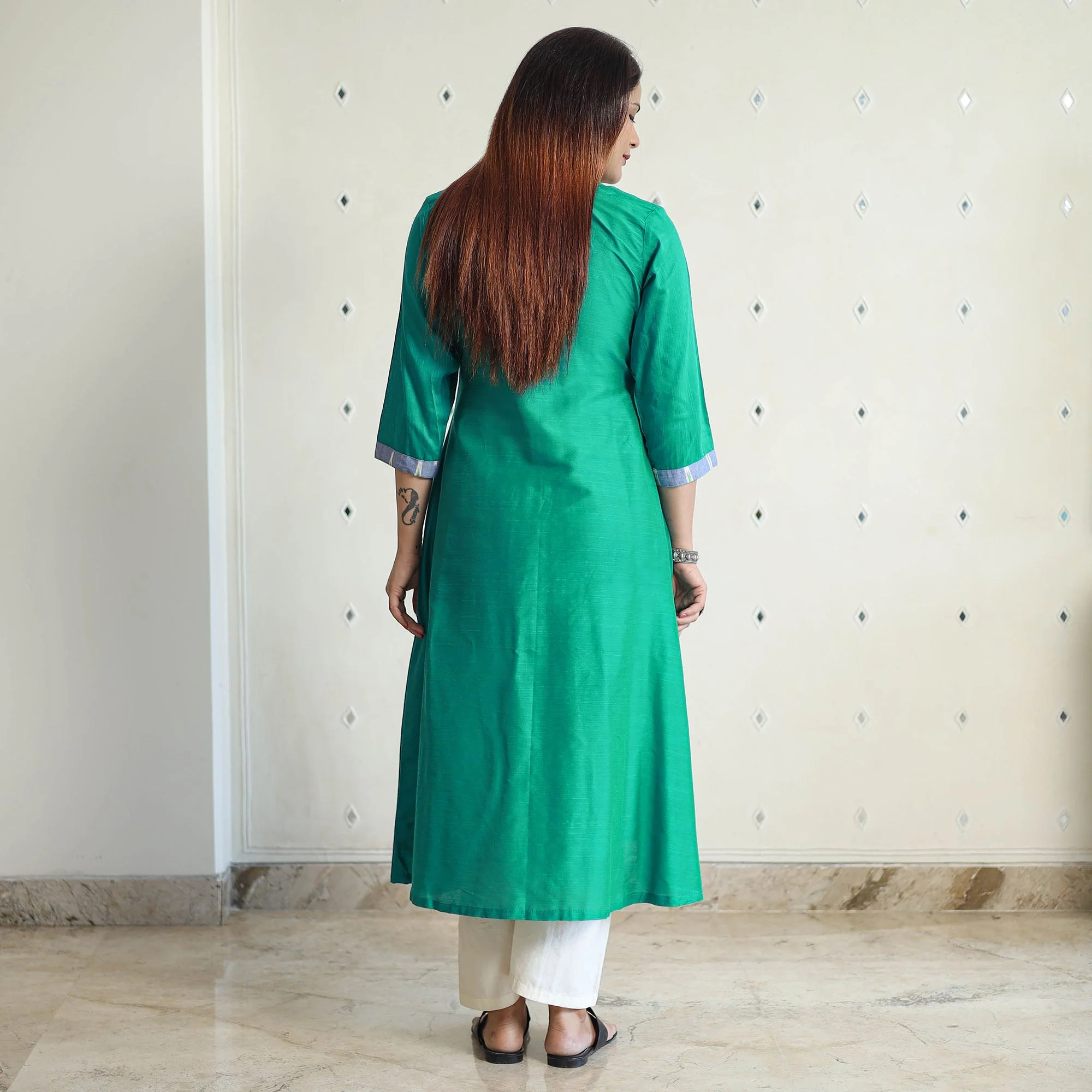 Persian Green - Plain Slub Silk Long A-Line Kurta with Ikat Patchwork 38 - Image 7