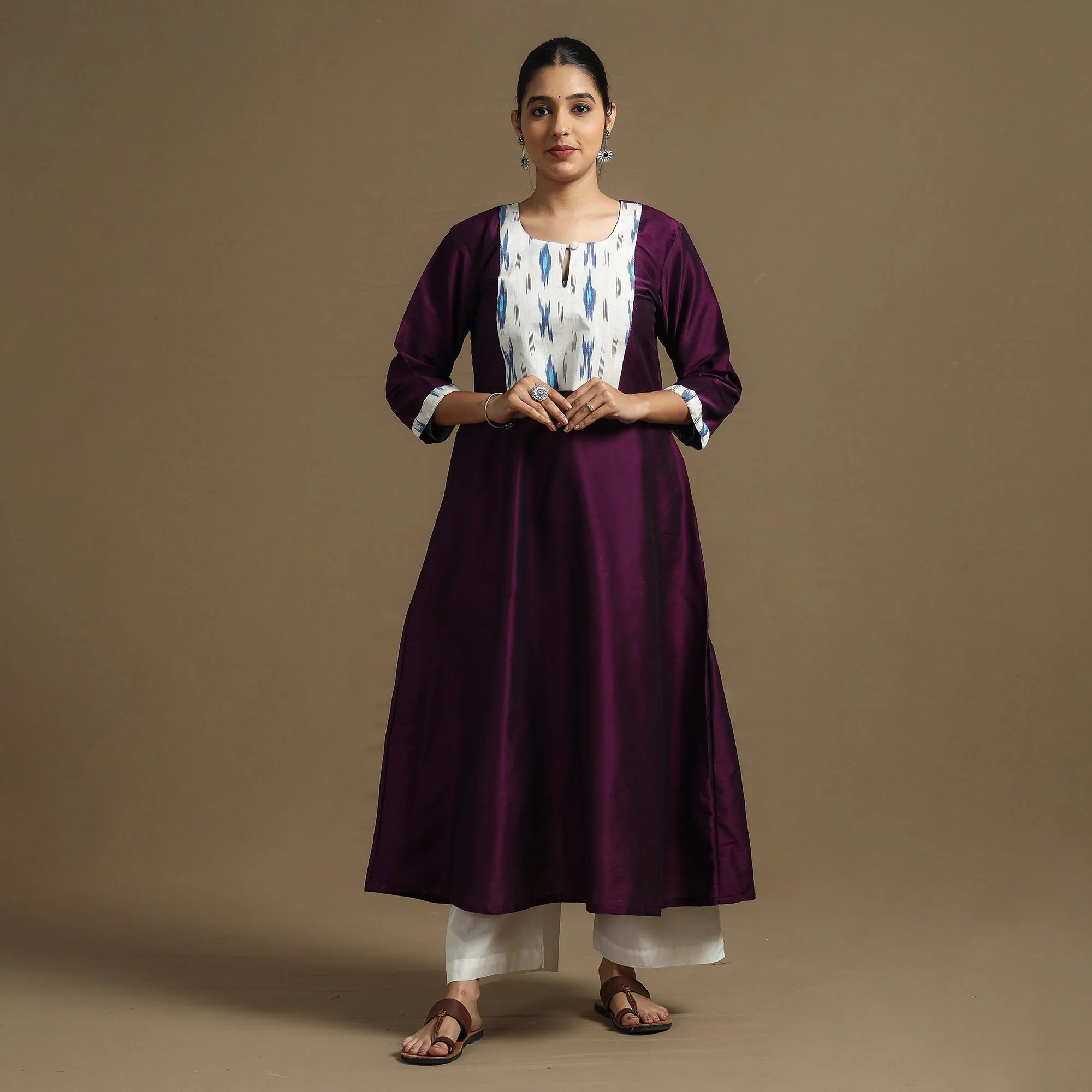 Dark Purple - Plain Slub Silk Straight Kurta with Ikat Patchwork - Image 2