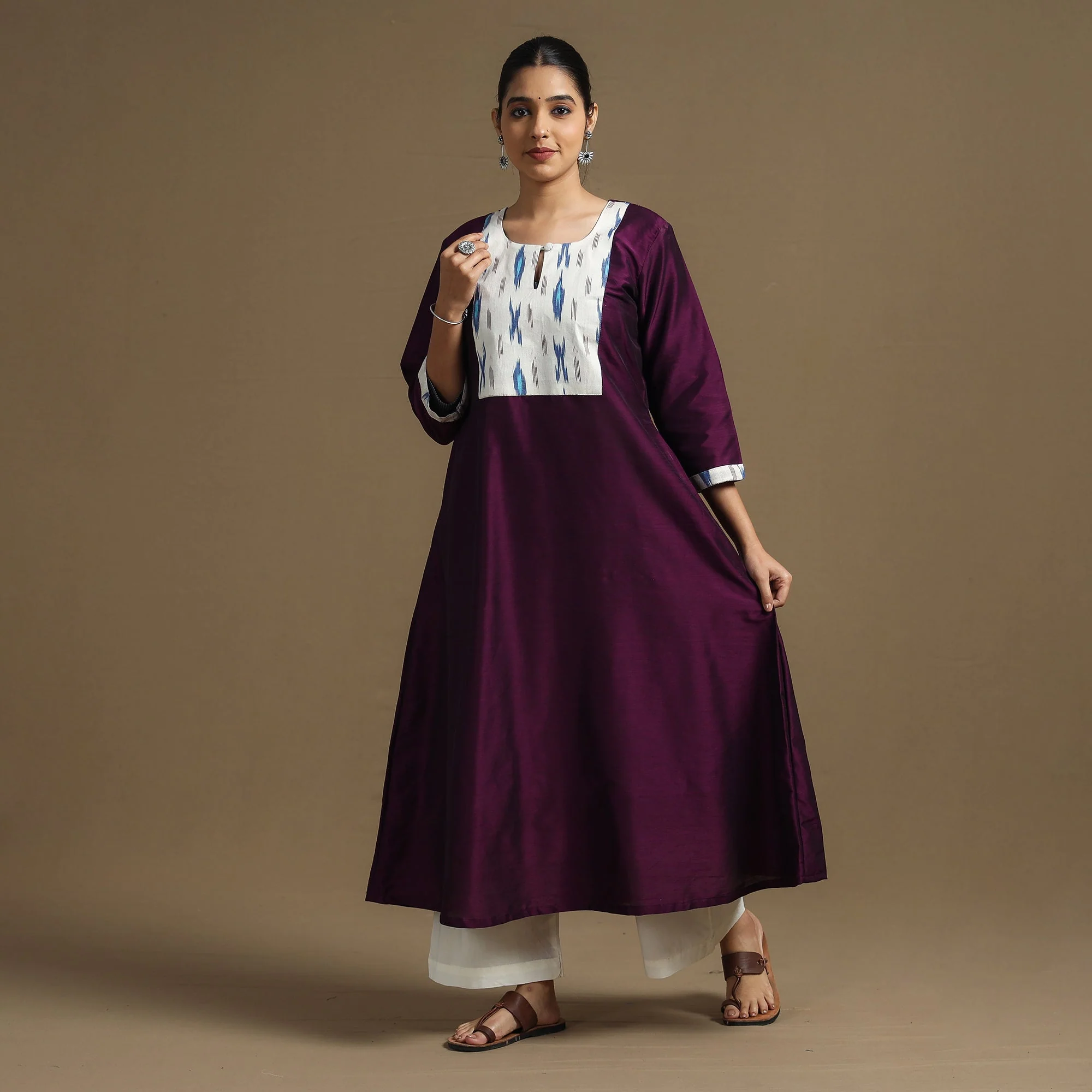 Dark Purple - Plain Slub Silk Straight Kurta with Ikat Patchwork - Image 3