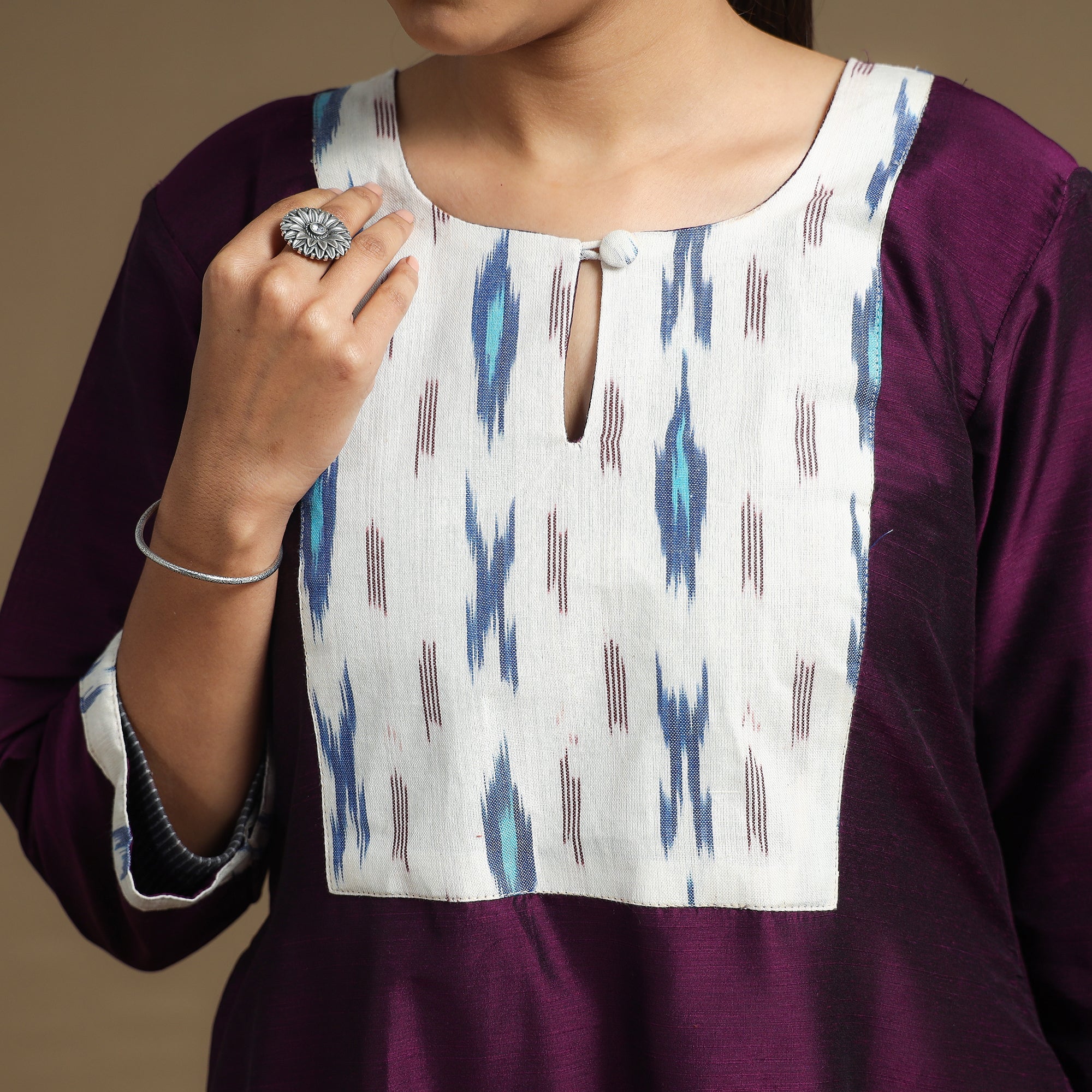 Dark Purple - Plain Slub Silk Straight Kurta with Ikat Patchwork - Image 4