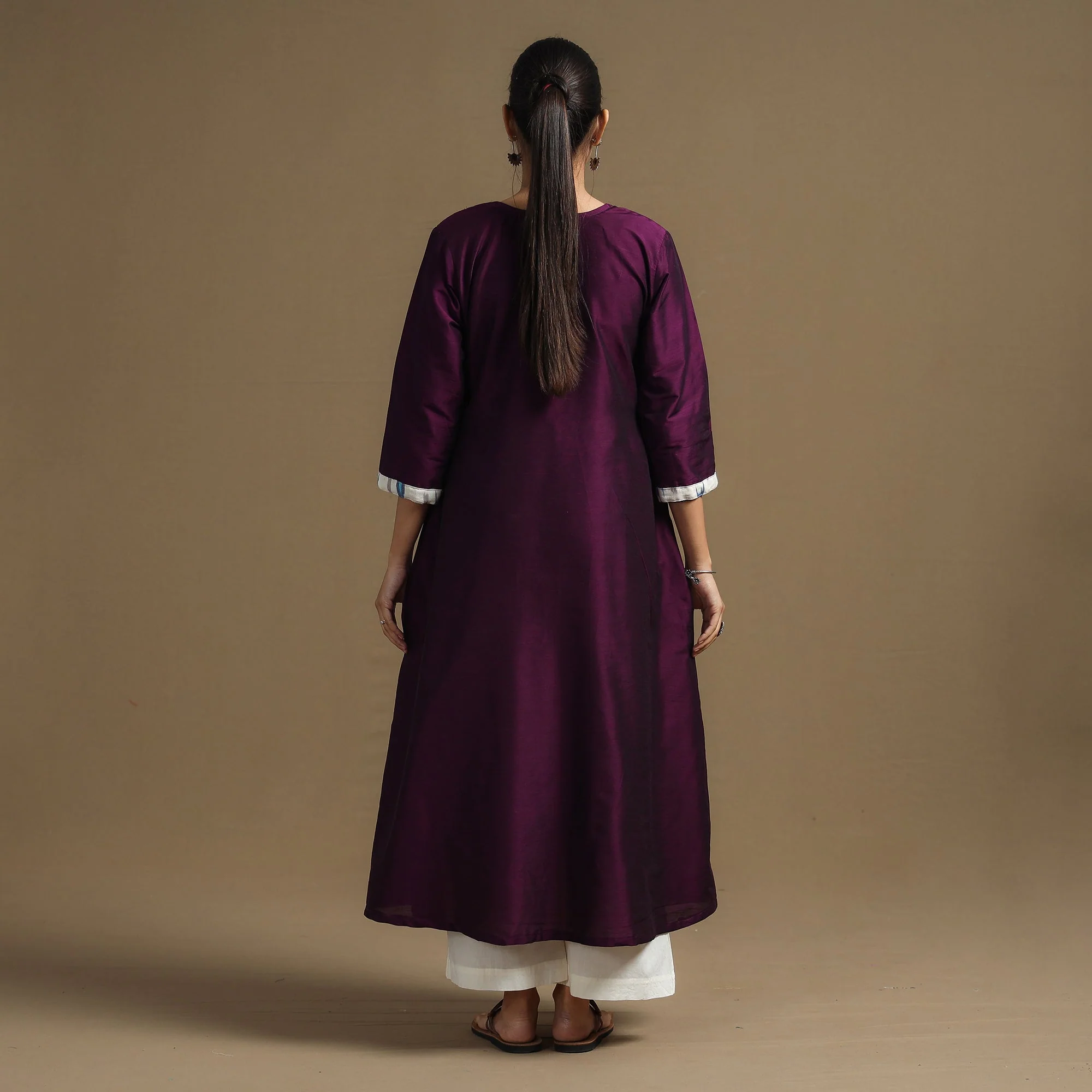 Dark Purple - Plain Slub Silk Straight Kurta with Ikat Patchwork - Image 6