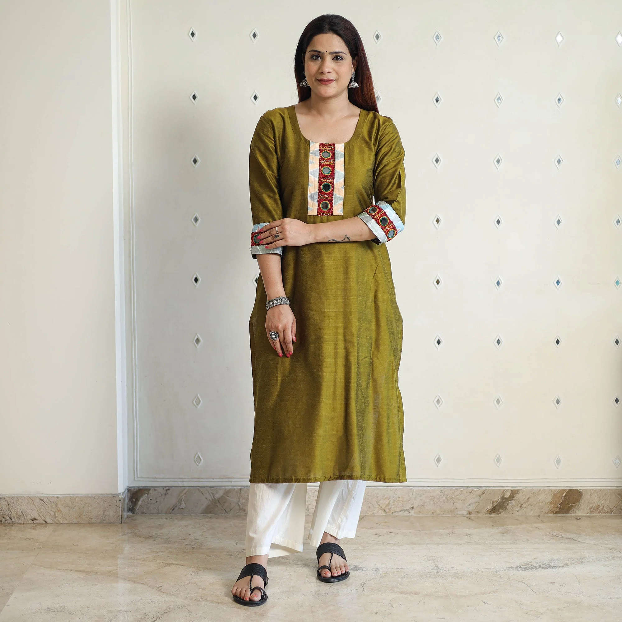 Olive Green - Plain Slub Silk Long Straight Kurta with Ikat Patchwork 31 - Image 2