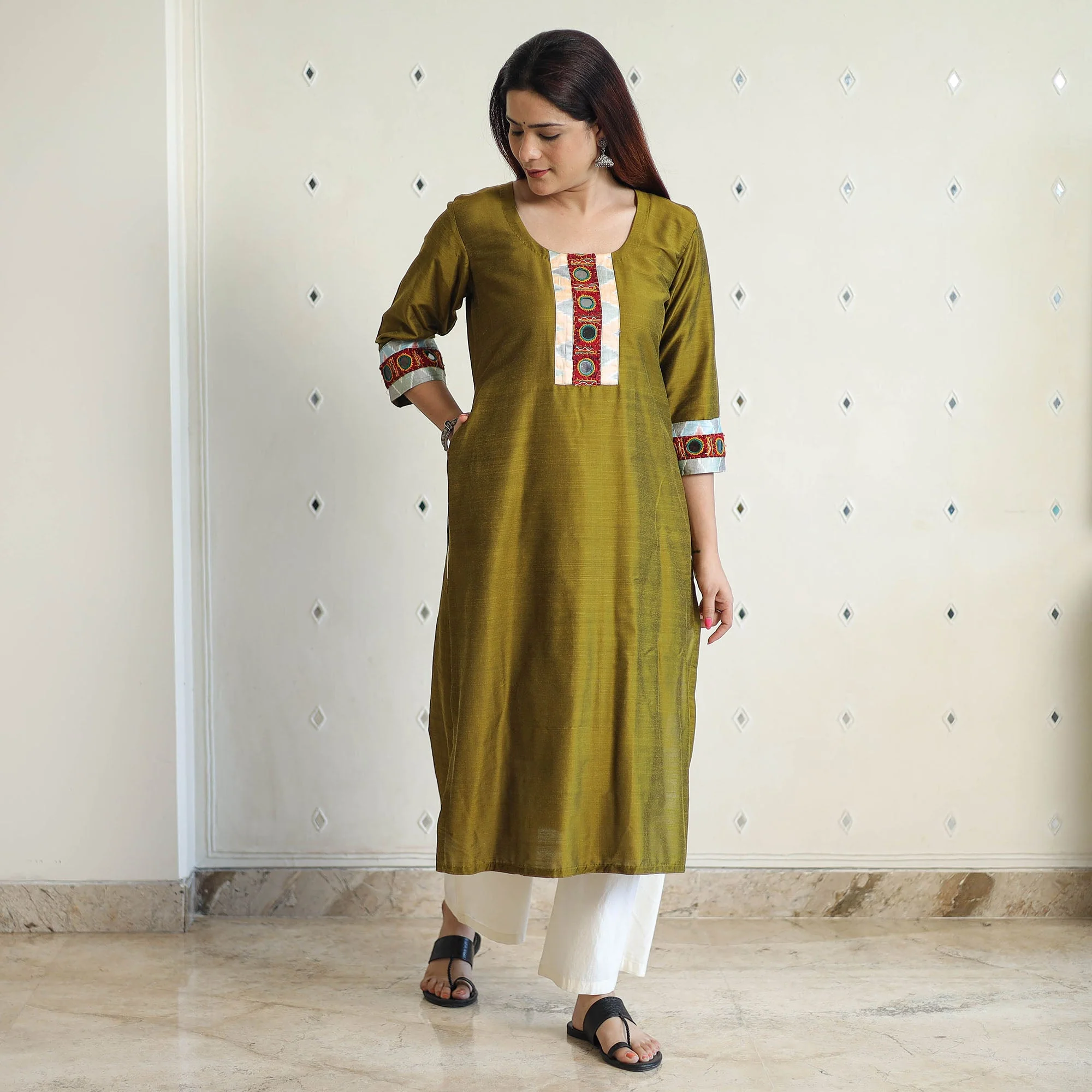 Olive Green - Plain Slub Silk Long Straight Kurta with Ikat Patchwork 31 - Image 3