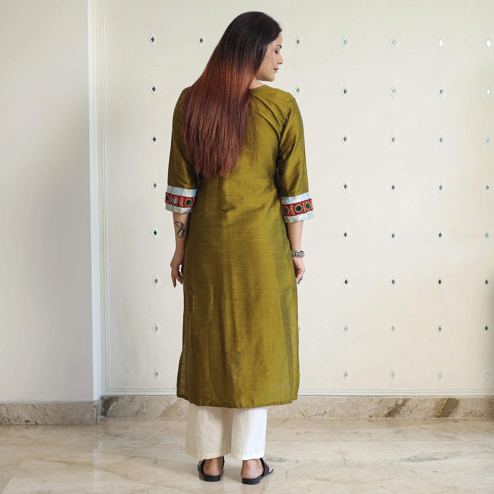 Olive Green - Plain Slub Silk Long Straight Kurta with Ikat Patchwork 31 - Image 4