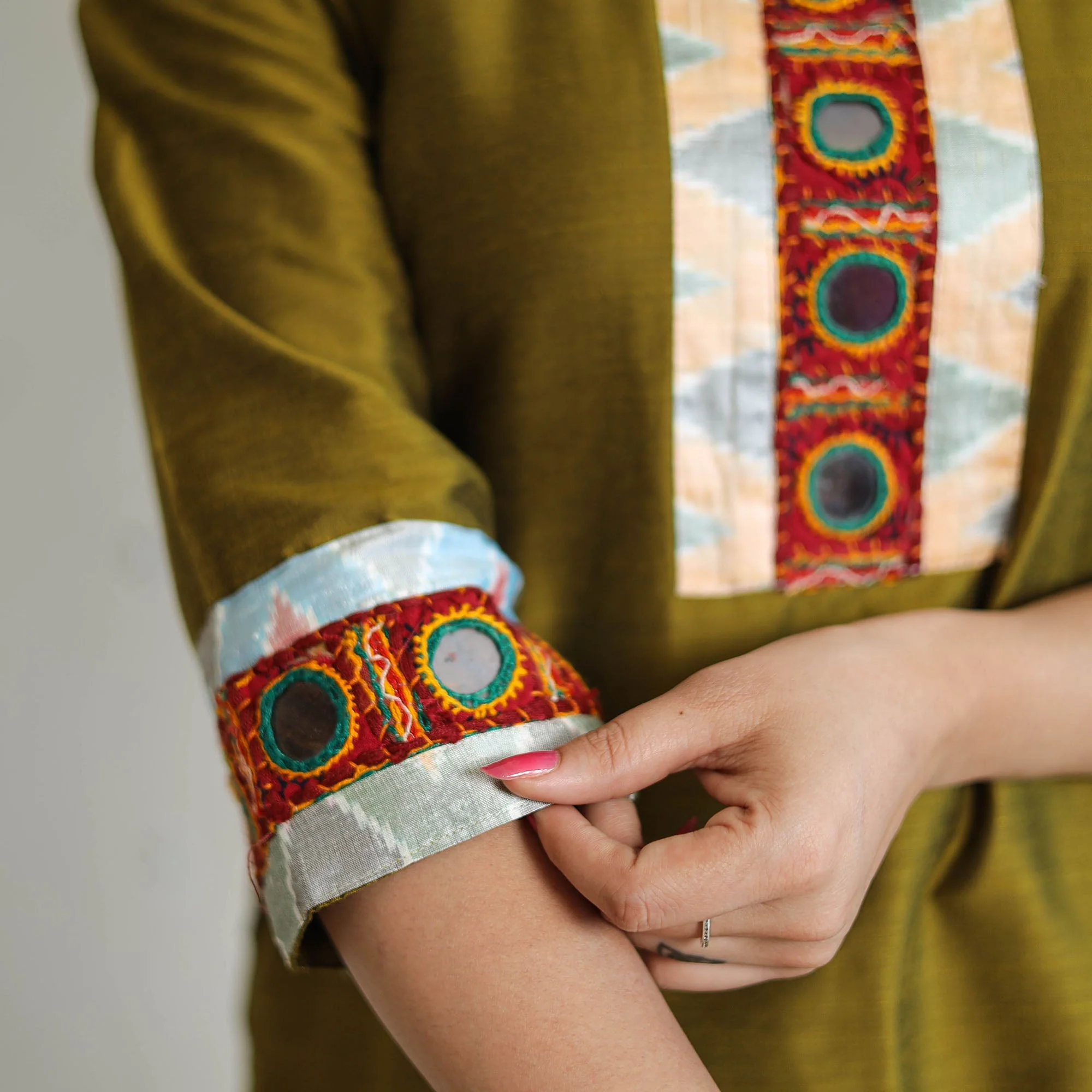 Olive Green - Plain Slub Silk Long Straight Kurta with Ikat Patchwork 31 - Image 6