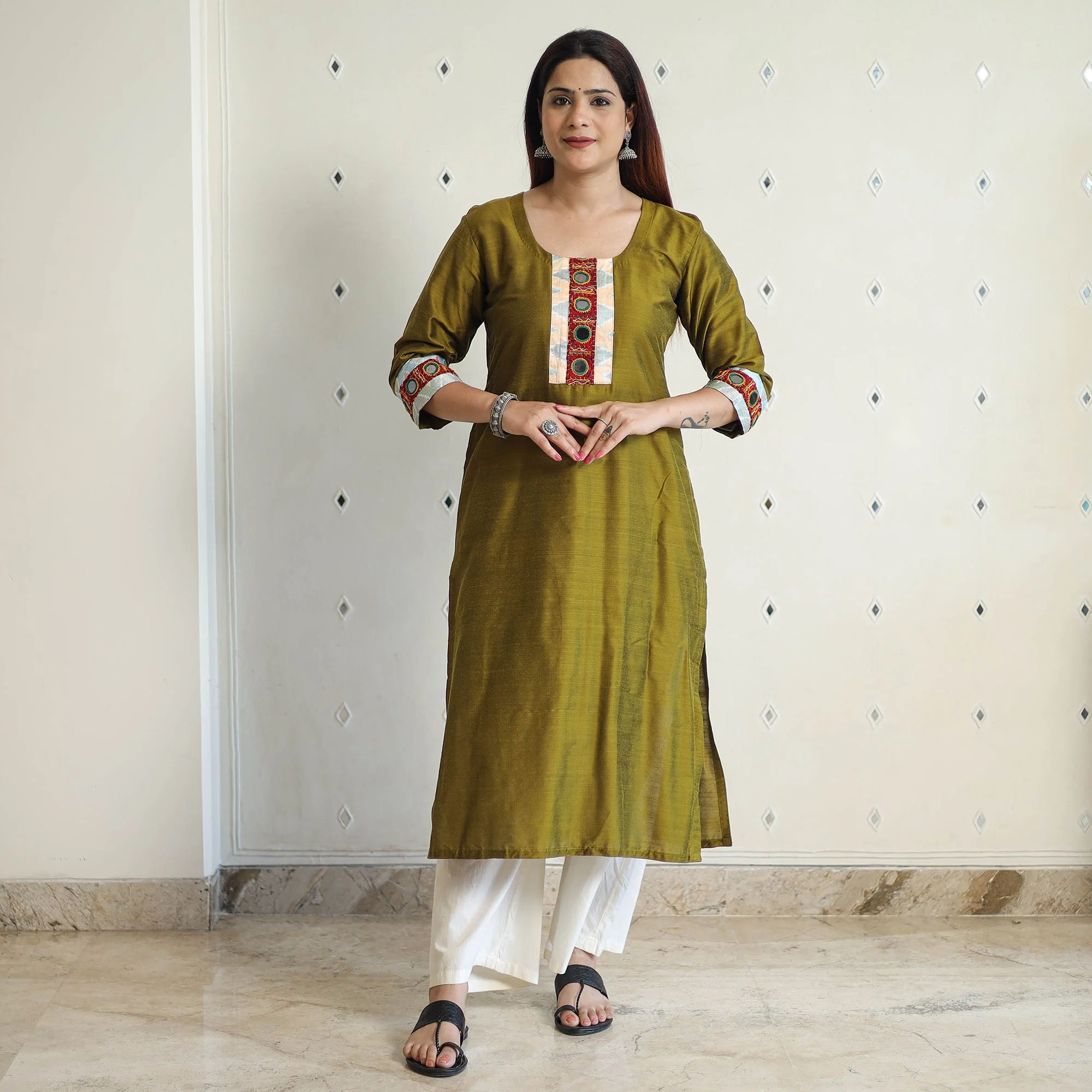 Olive Green - Plain Slub Silk Long Straight Kurta with Ikat Patchwork 31 - Image 7