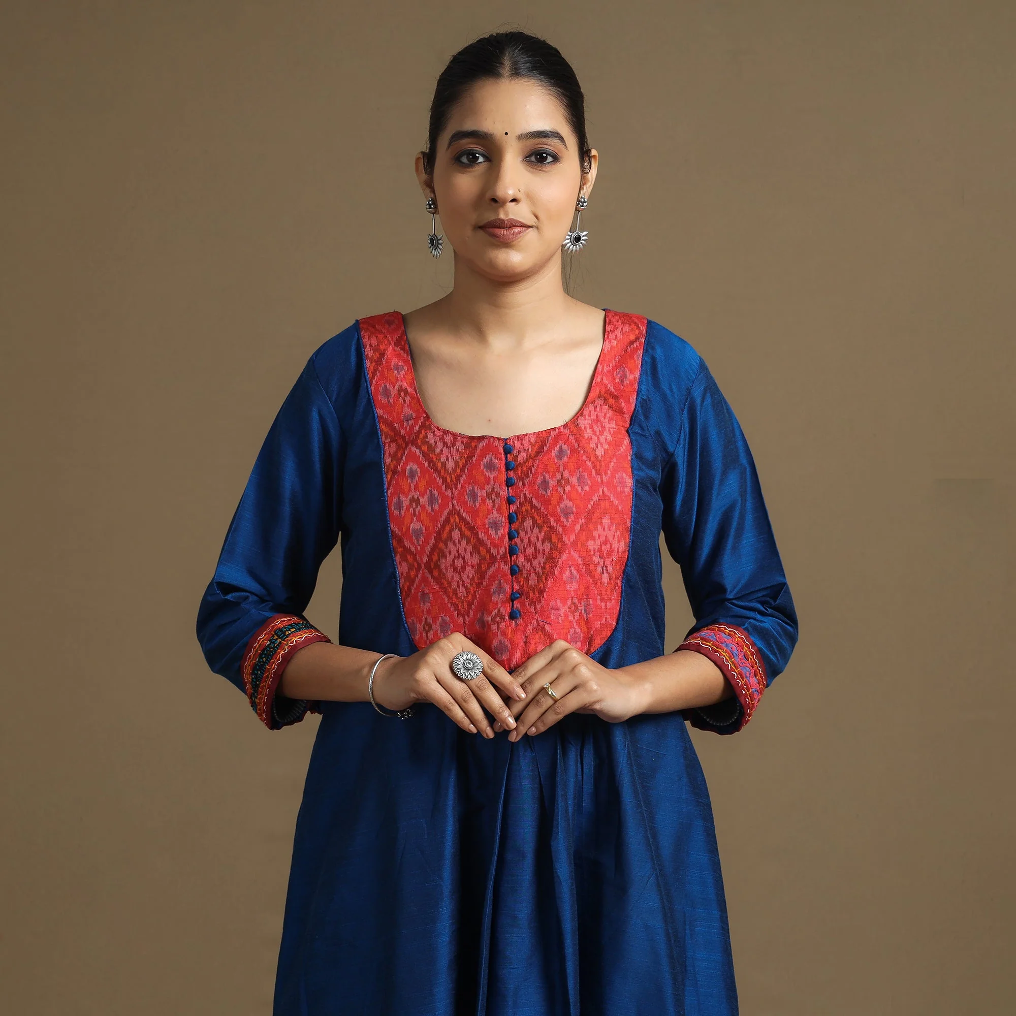 Dark Blue - Plain Slub Silk A-Line Kurta with Ikat Patchwork