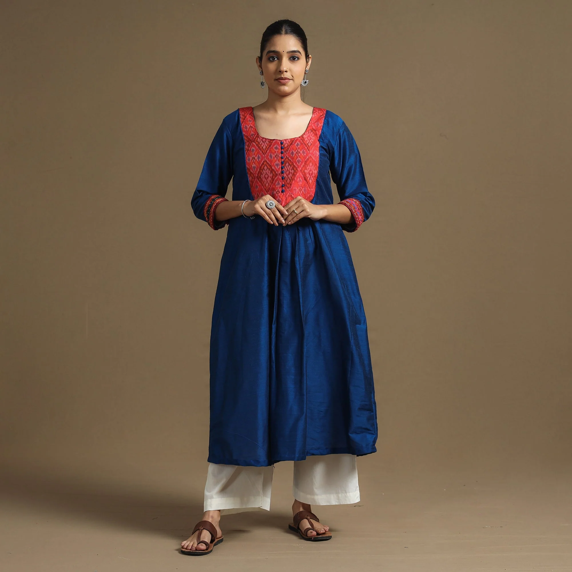 Dark Blue - Plain Slub Silk A-Line Kurta with Ikat Patchwork - Image 2