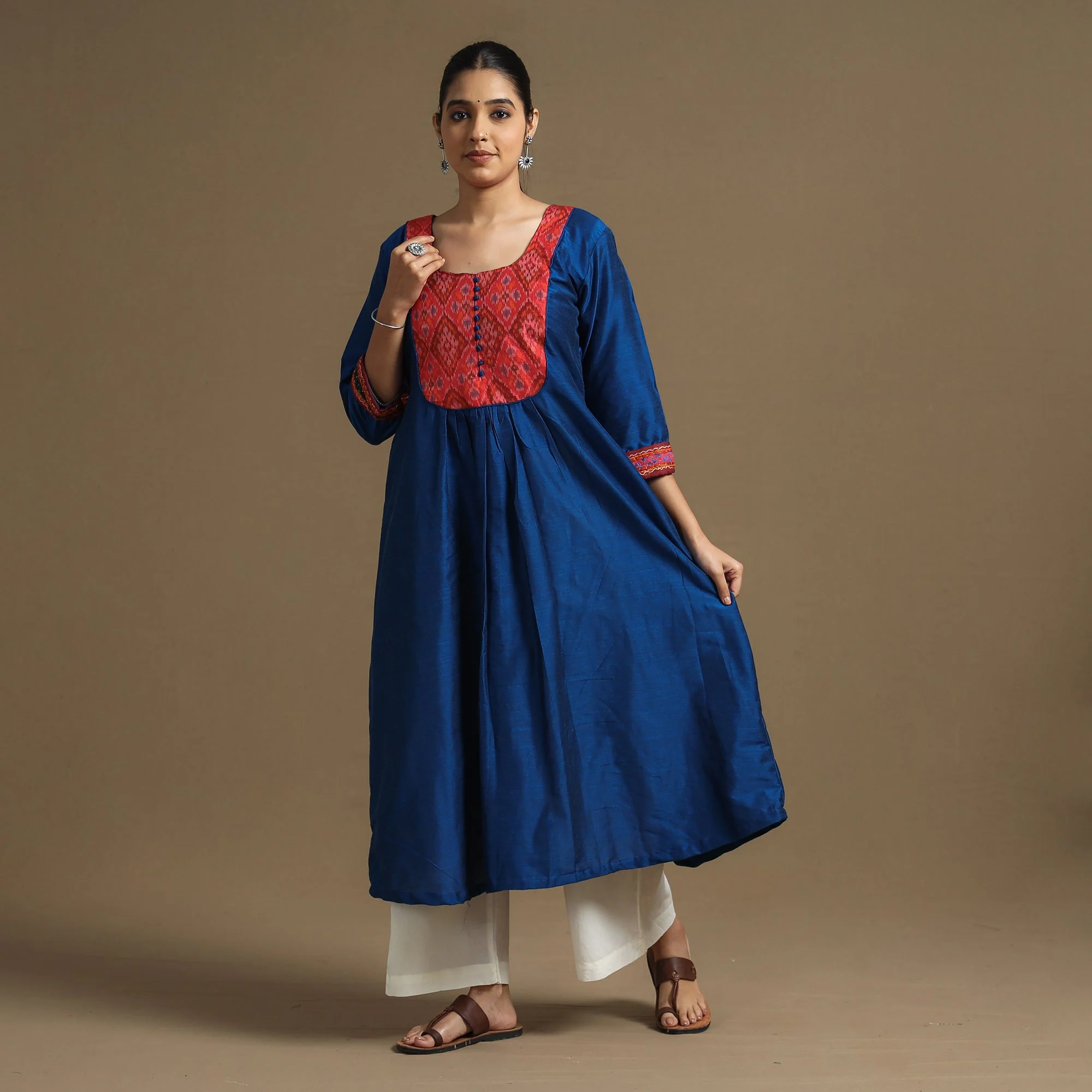 Dark Blue - Plain Slub Silk A-Line Kurta with Ikat Patchwork - Image 3