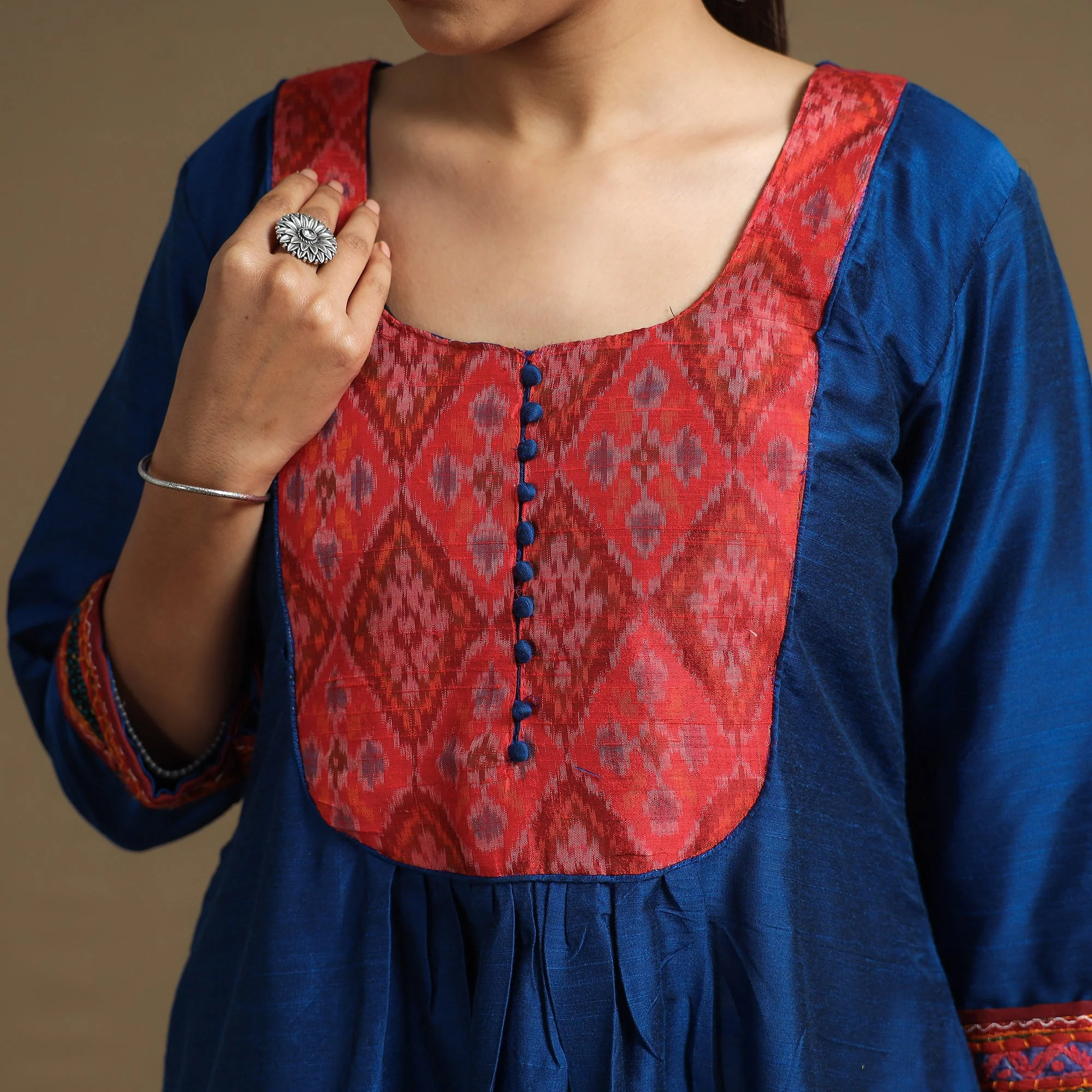 Dark Blue - Plain Slub Silk A-Line Kurta with Ikat Patchwork - Image 4
