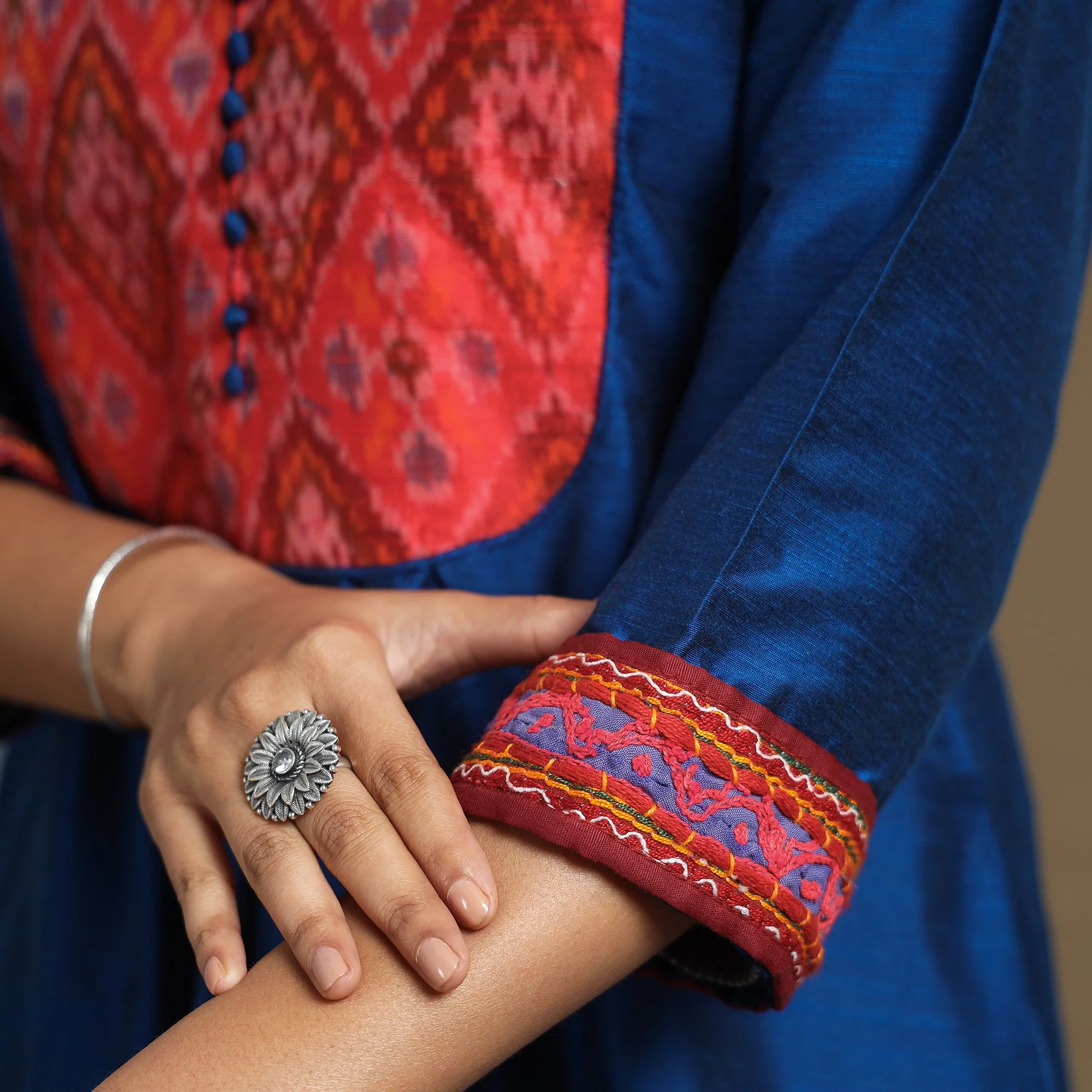 Dark Blue - Plain Slub Silk A-Line Kurta with Ikat Patchwork - Image 5