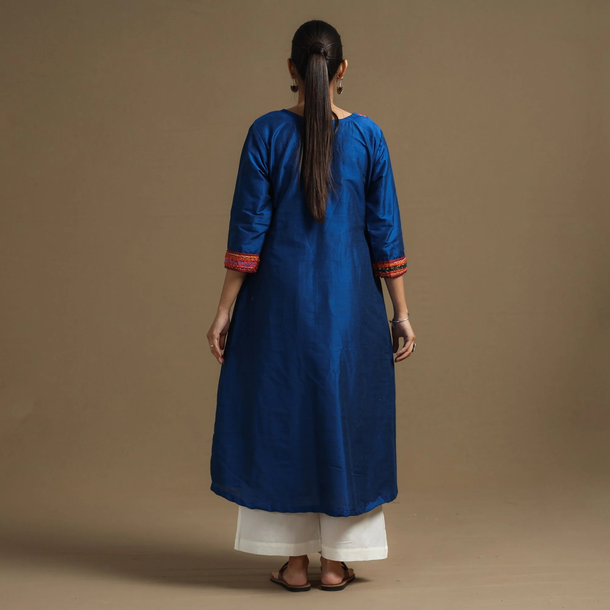 Dark Blue - Plain Slub Silk A-Line Kurta with Ikat Patchwork - Image 6