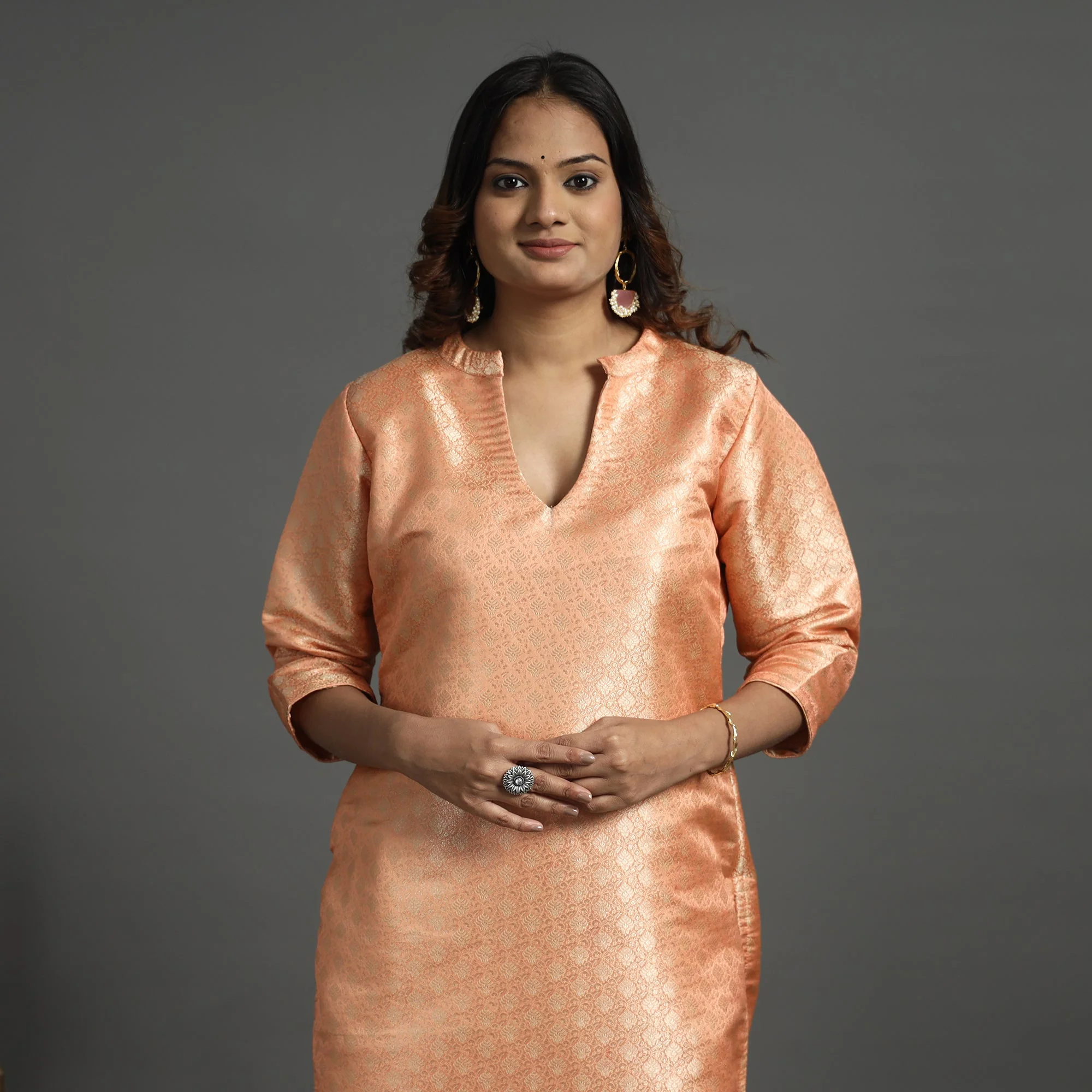 Peach - Elegant Banarasi Brocade Silk Kurta with Pant Set - Image 2