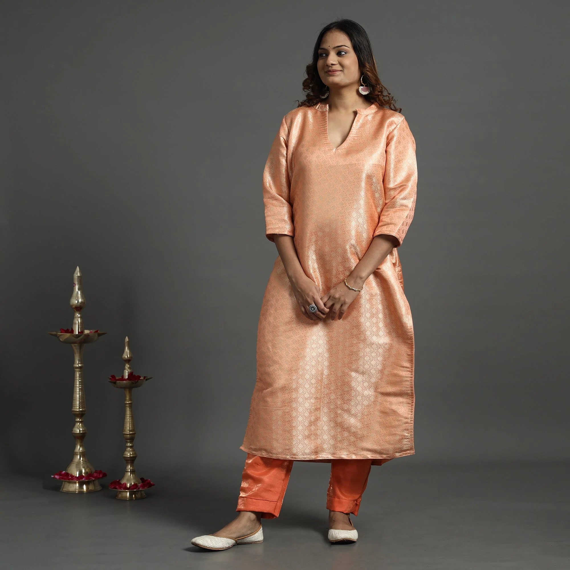 Peach - Elegant Banarasi Brocade Silk Kurta with Pant Set - Image 3