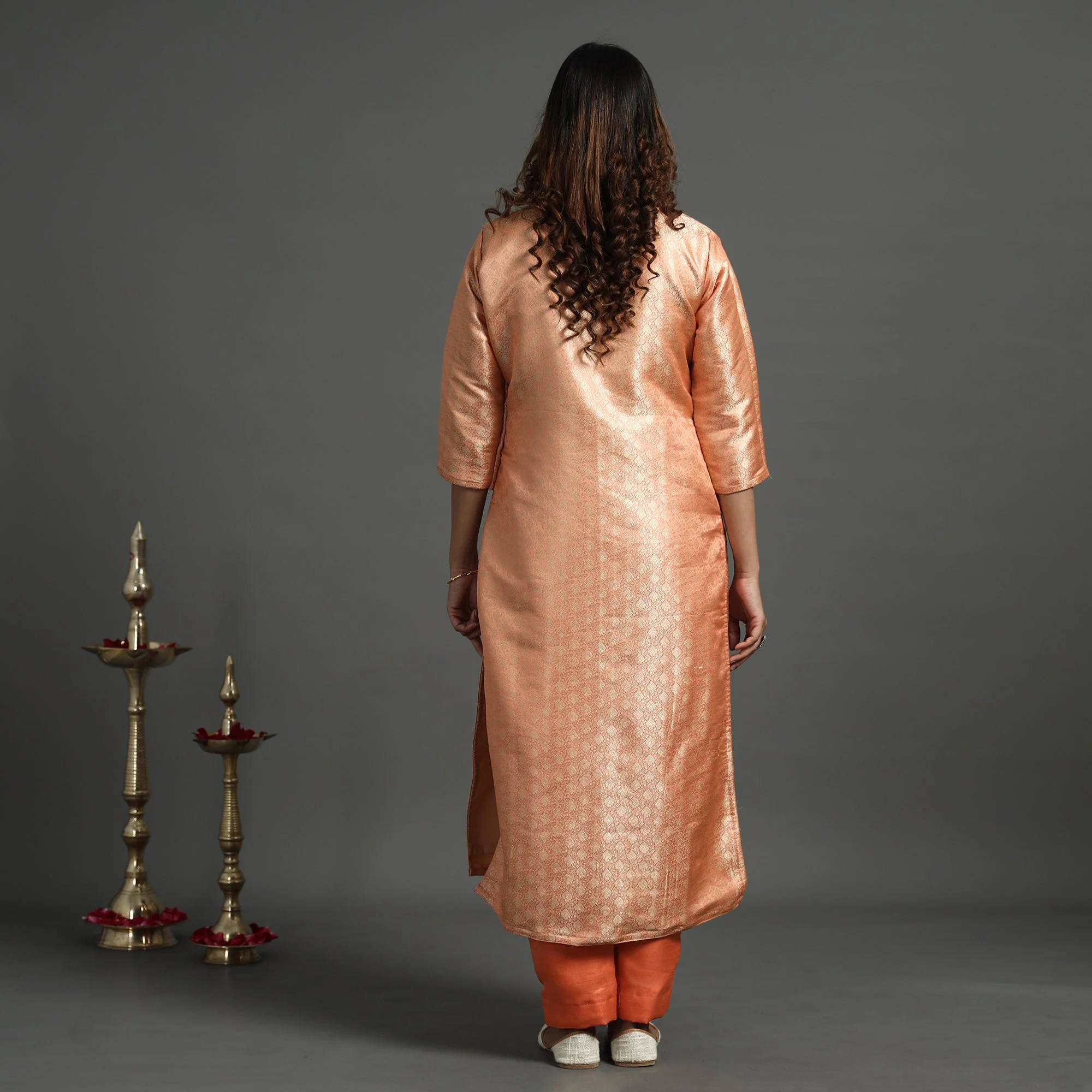 Peach - Elegant Banarasi Brocade Silk Kurta with Pant Set - Image 7