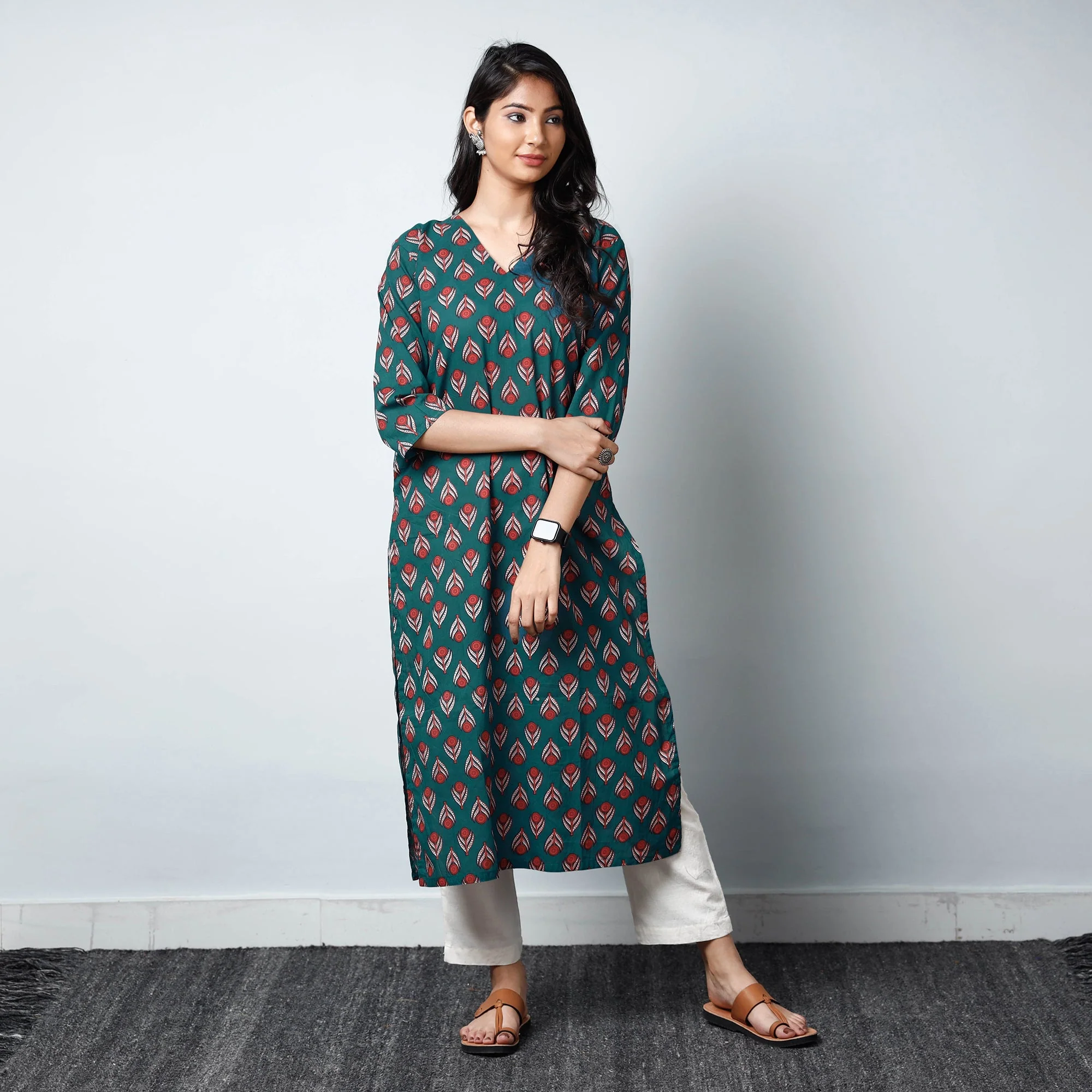 Green - Sanganeri Printed Cotton Long Straight Kurta - Image 2