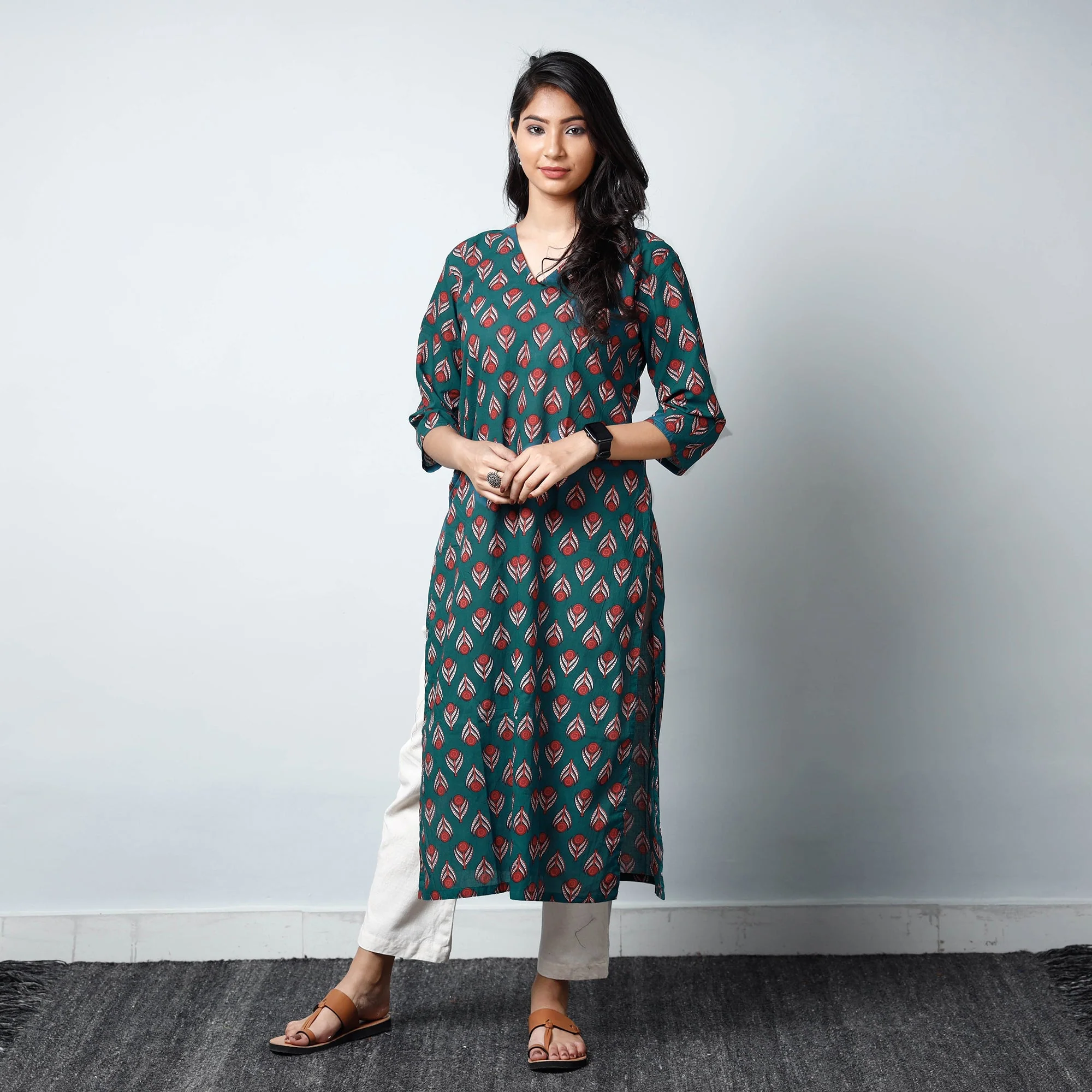 Green - Sanganeri Printed Cotton Long Straight Kurta - Image 3
