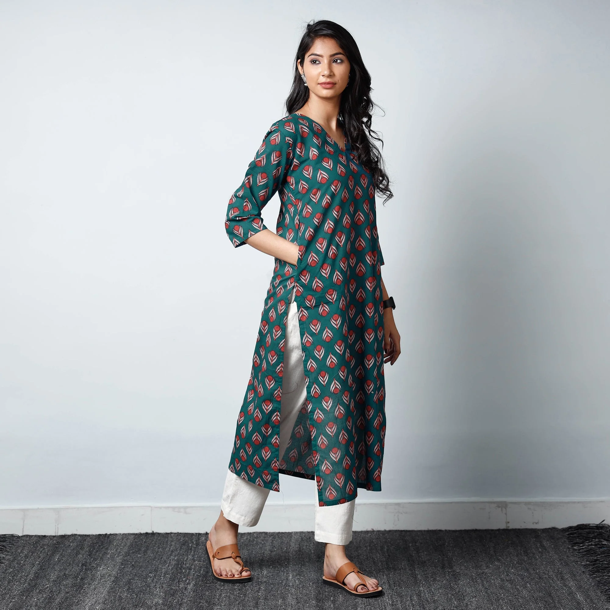 Green - Sanganeri Printed Cotton Long Straight Kurta - Image 4