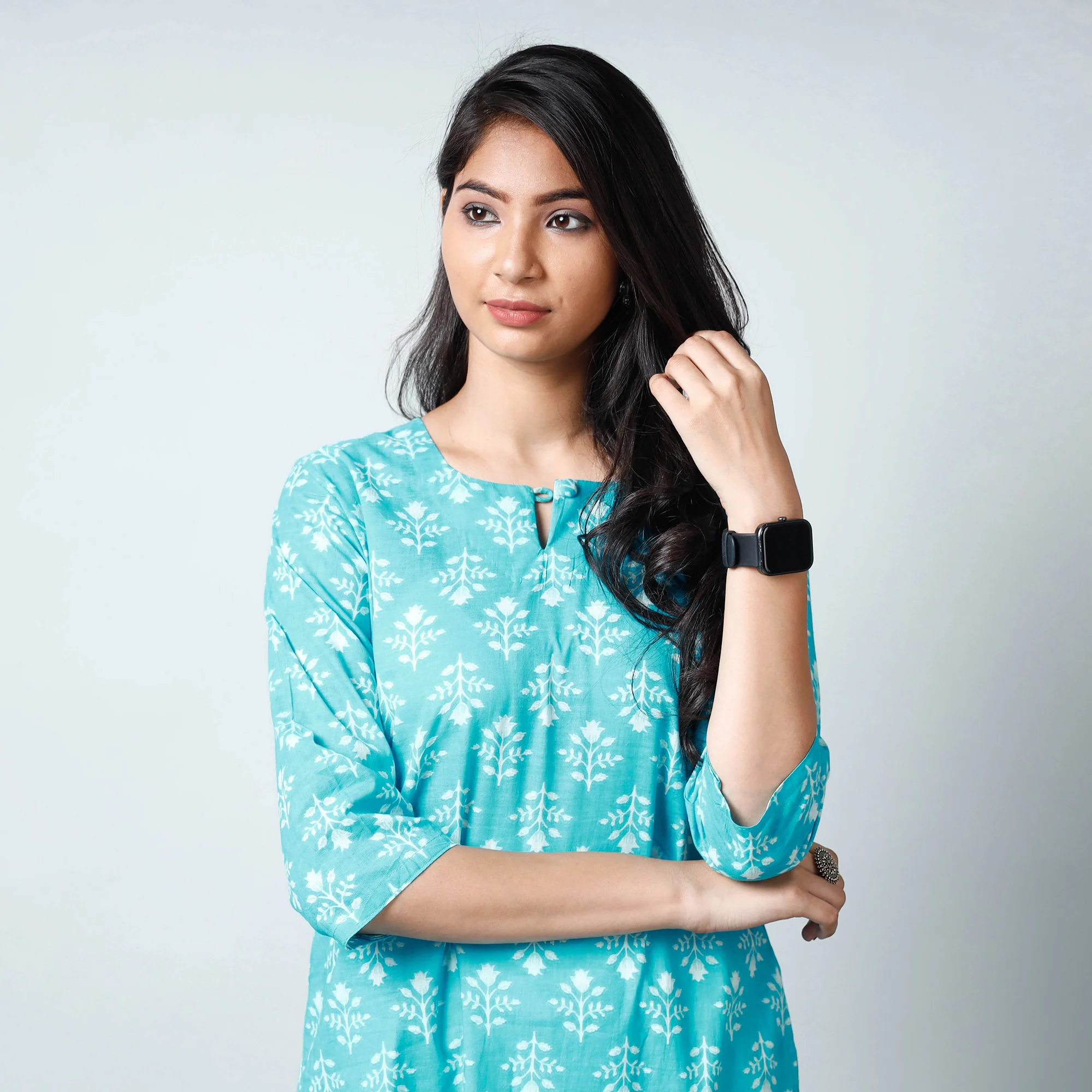 Blue - Sanganeri Printed Cotton Long Straight Kurta