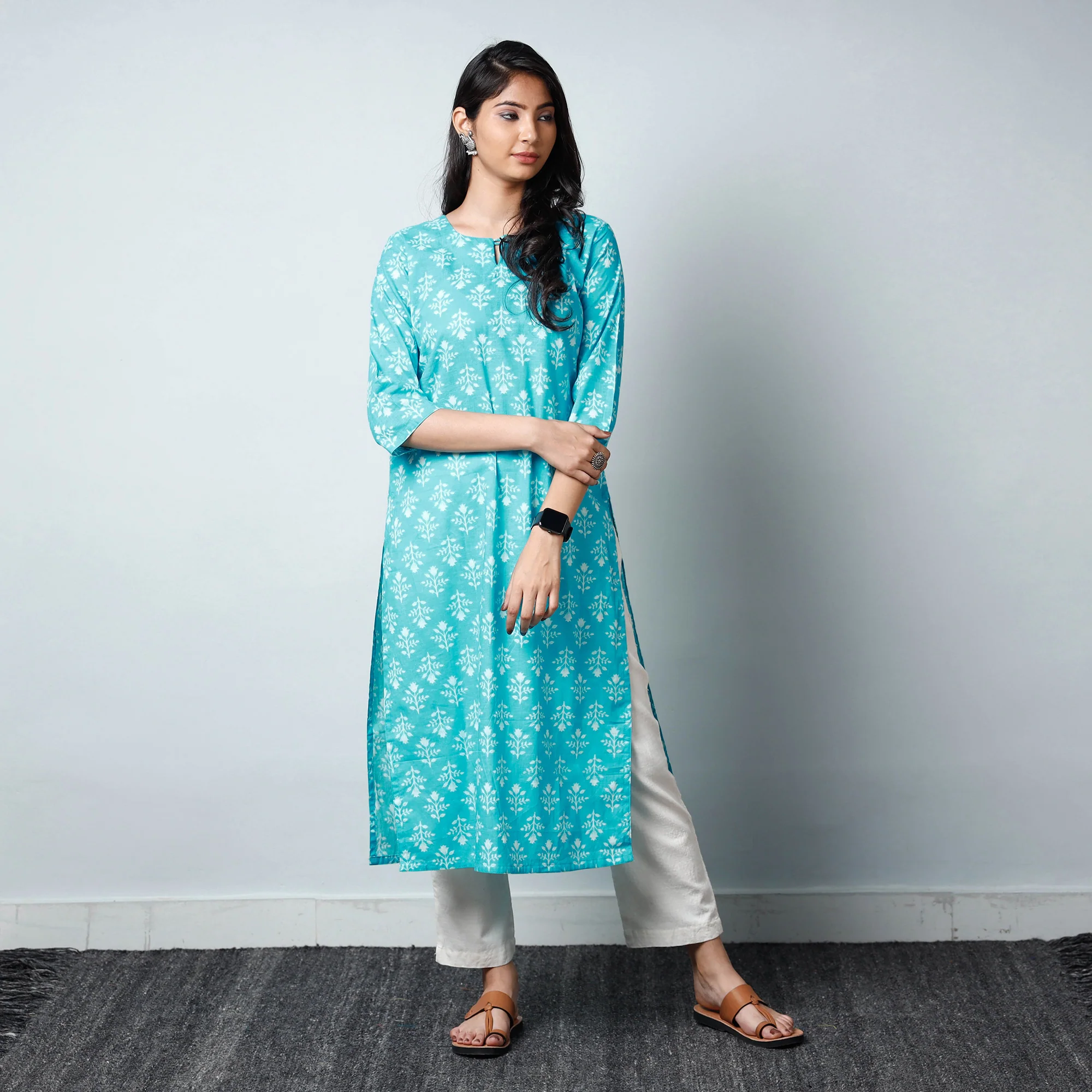 Blue - Sanganeri Printed Cotton Long Straight Kurta - Image 2