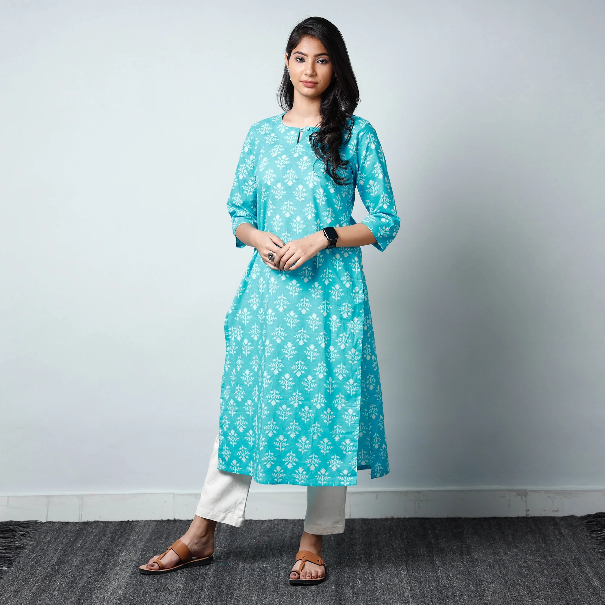 Blue - Sanganeri Printed Cotton Long Straight Kurta - Image 3