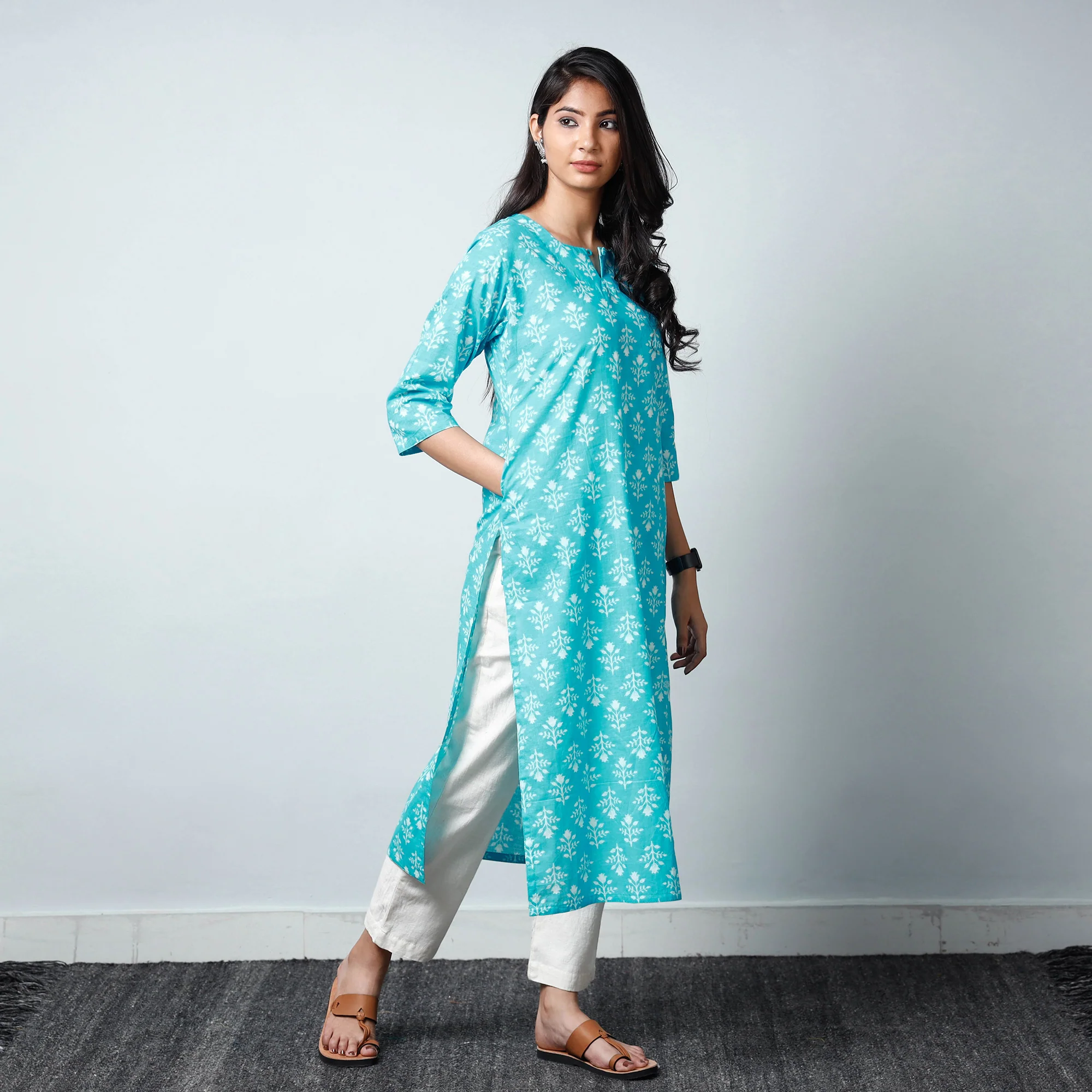 Blue - Sanganeri Printed Cotton Long Straight Kurta - Image 4