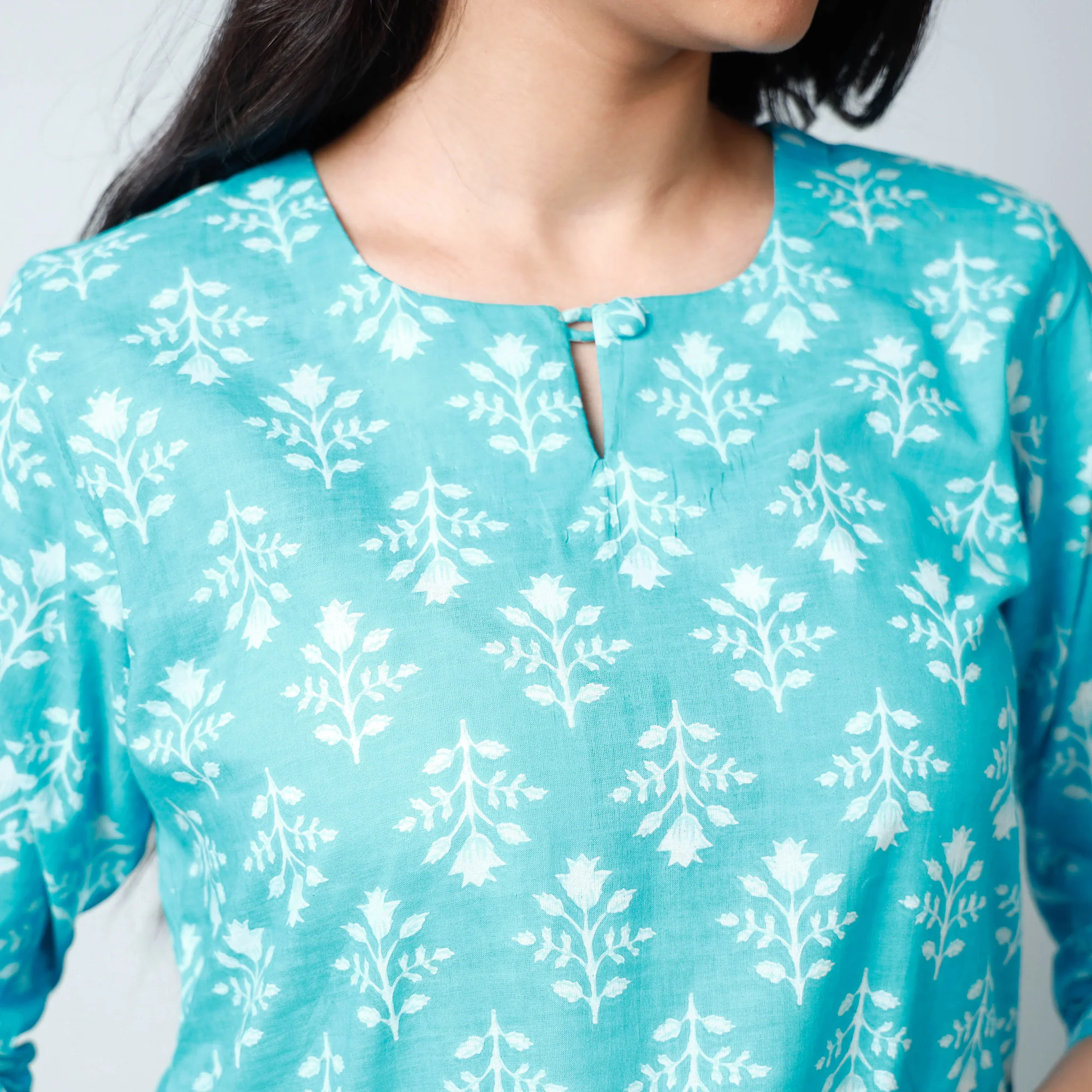 Blue - Sanganeri Printed Cotton Long Straight Kurta - Image 5