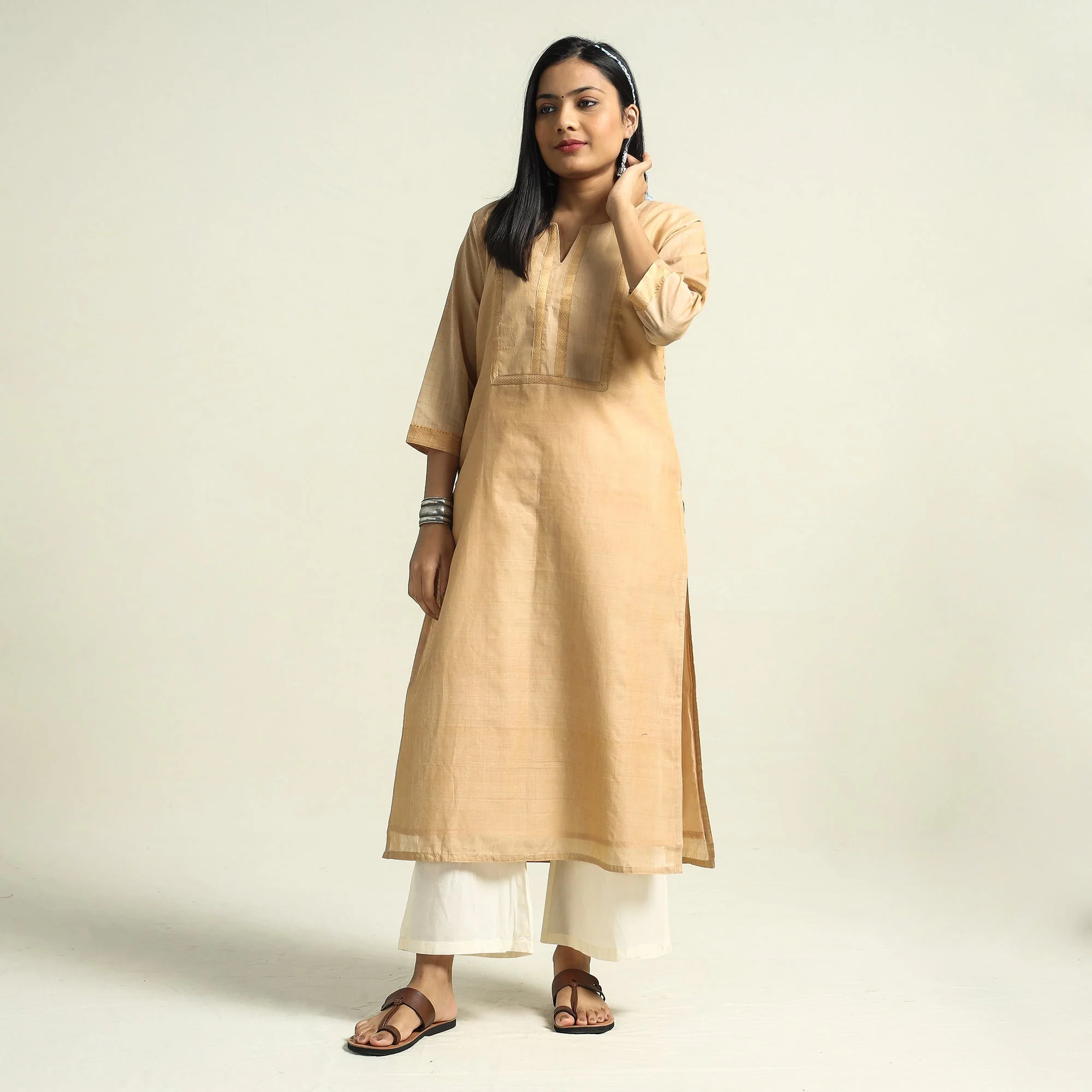 Beige - Mangalagiri Handloom Cotton Straight Kurta - Image 2