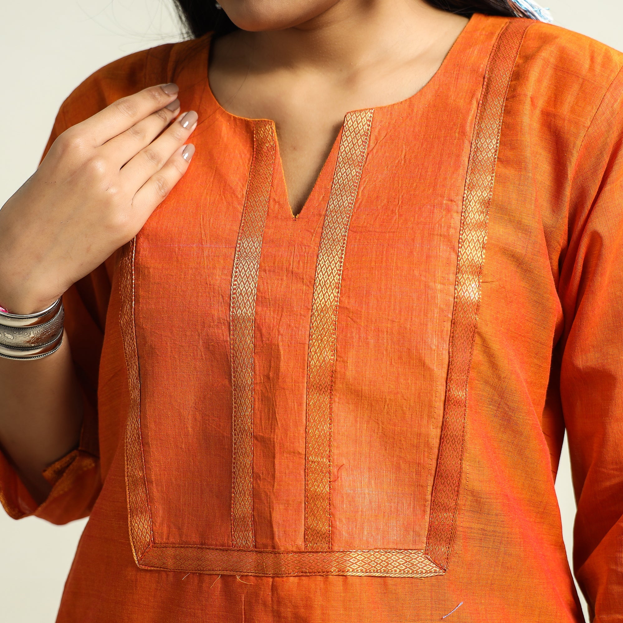 Orange - Mangalagiri Handloom Cotton Straight Kurta - Image 4