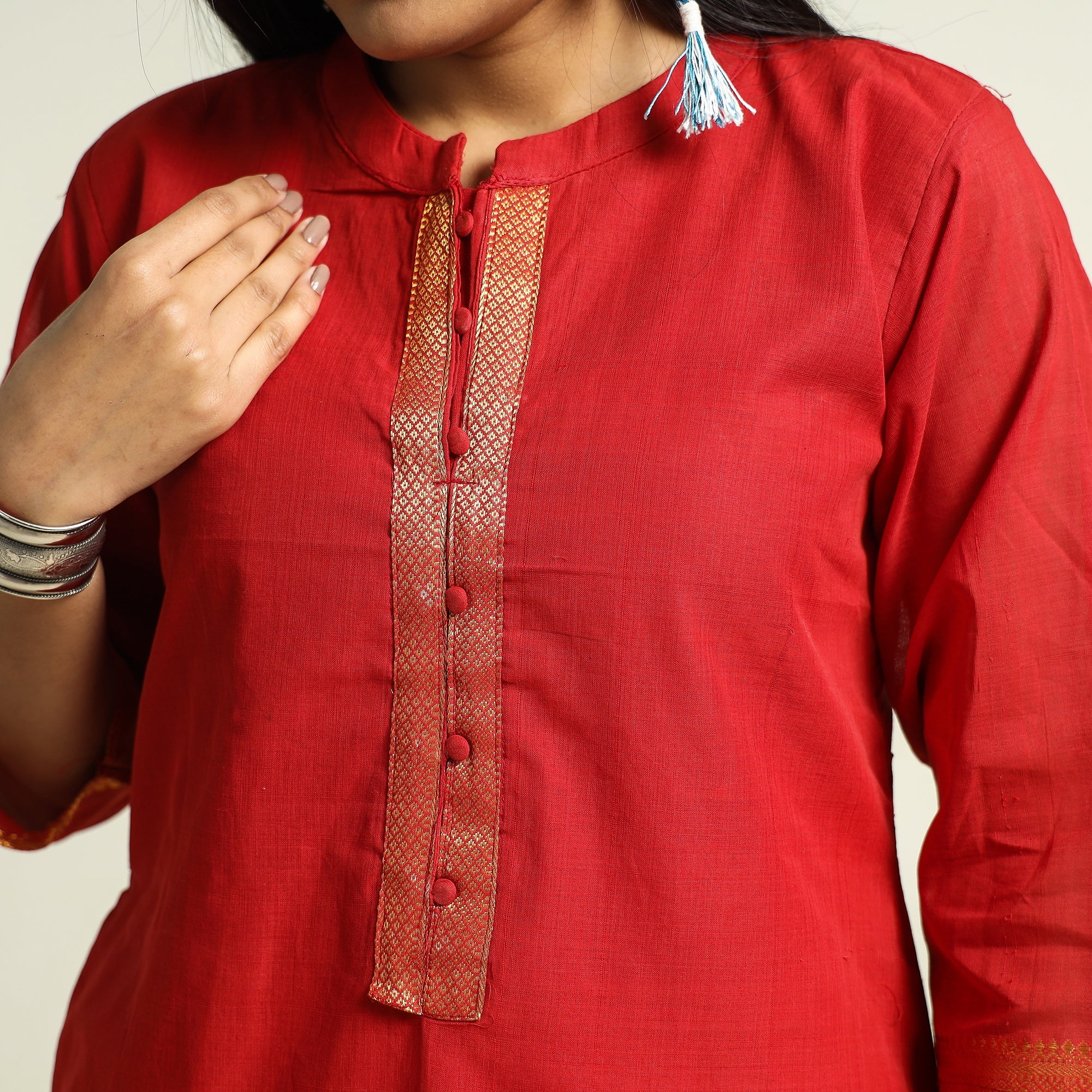 Red - Mangalagiri Handloom Cotton Straight Kurta - Image 4