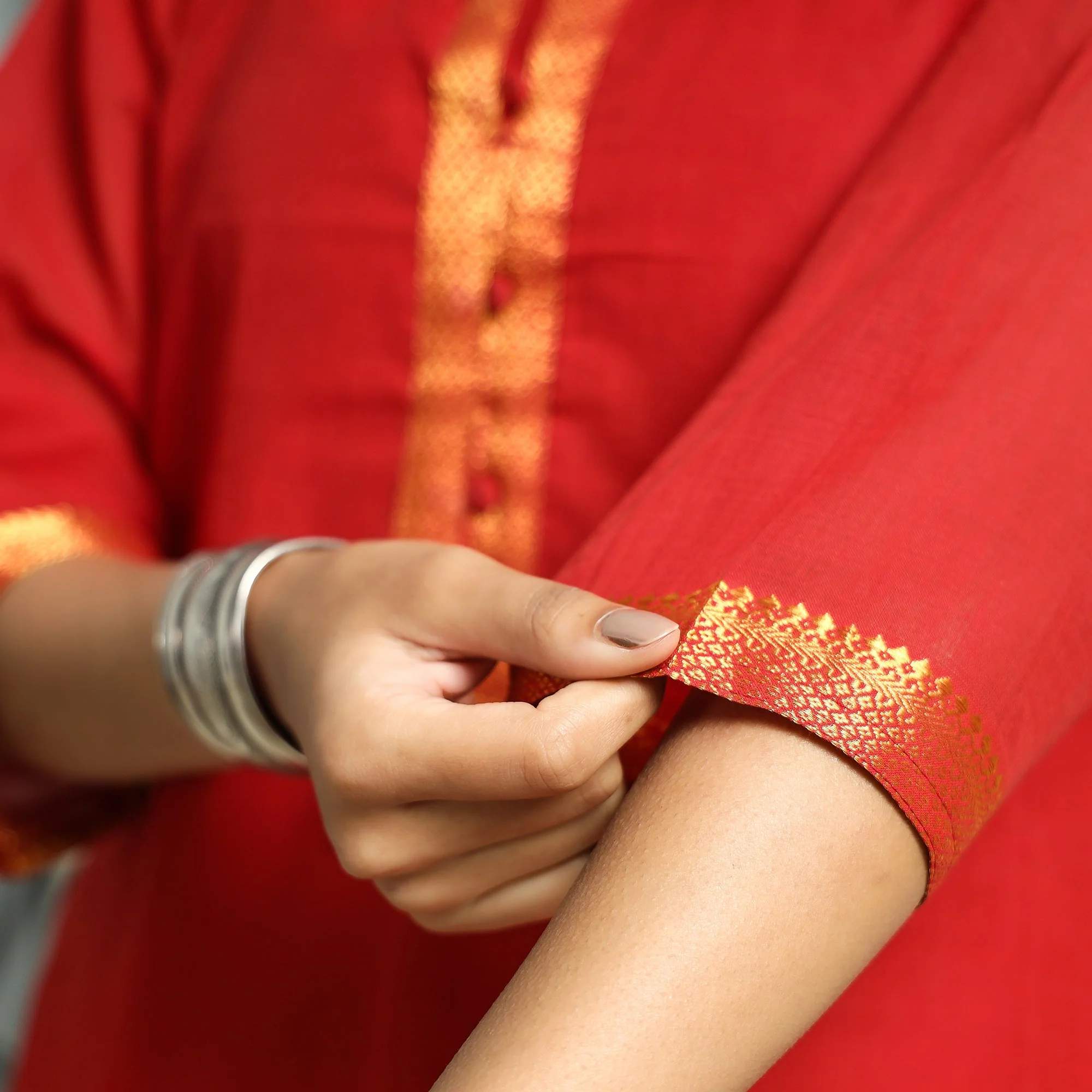 Red - Mangalagiri Handloom Cotton Straight Kurta - Image 5