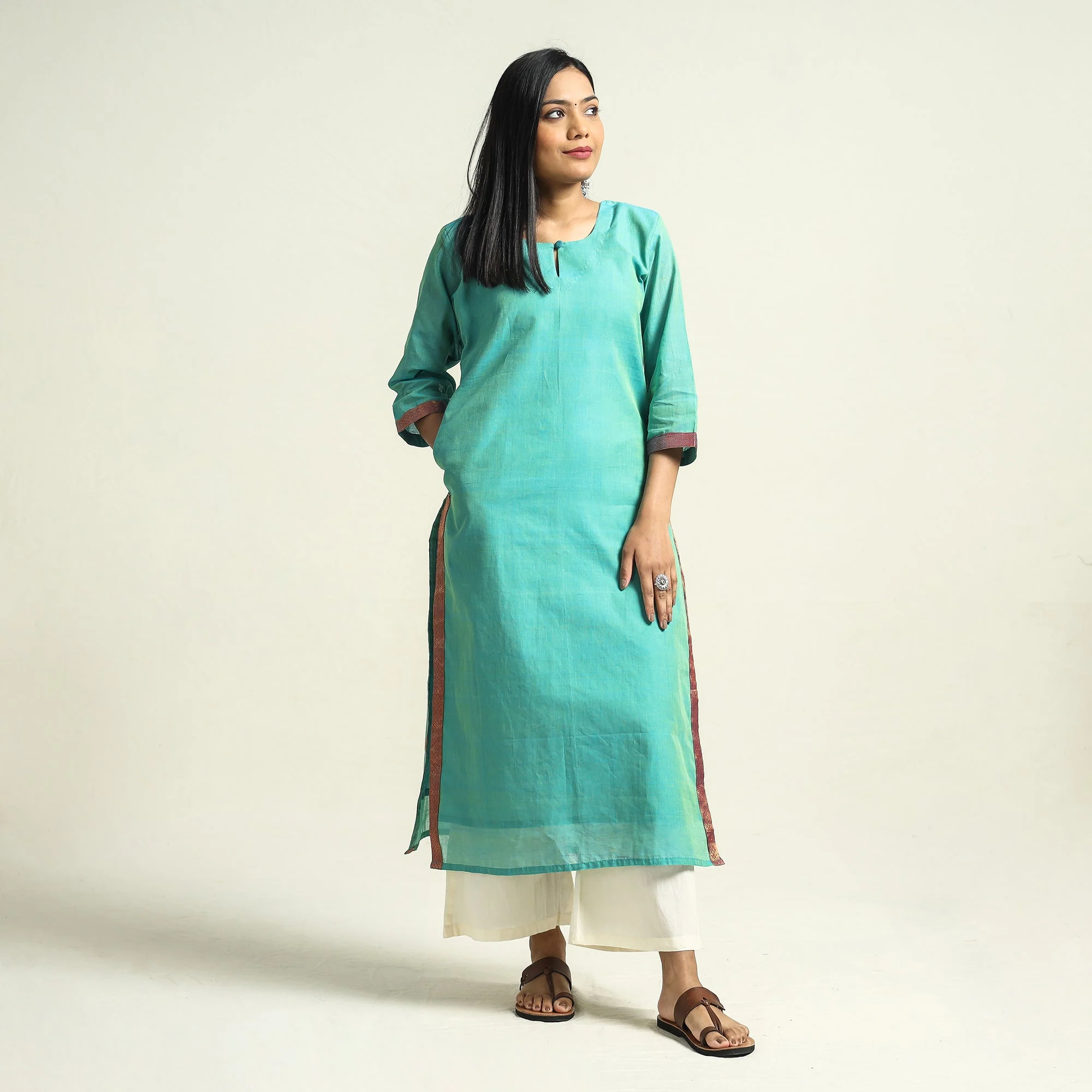 Sea Green - Mangalagiri Handloom Cotton Straight Kurta - Image 3