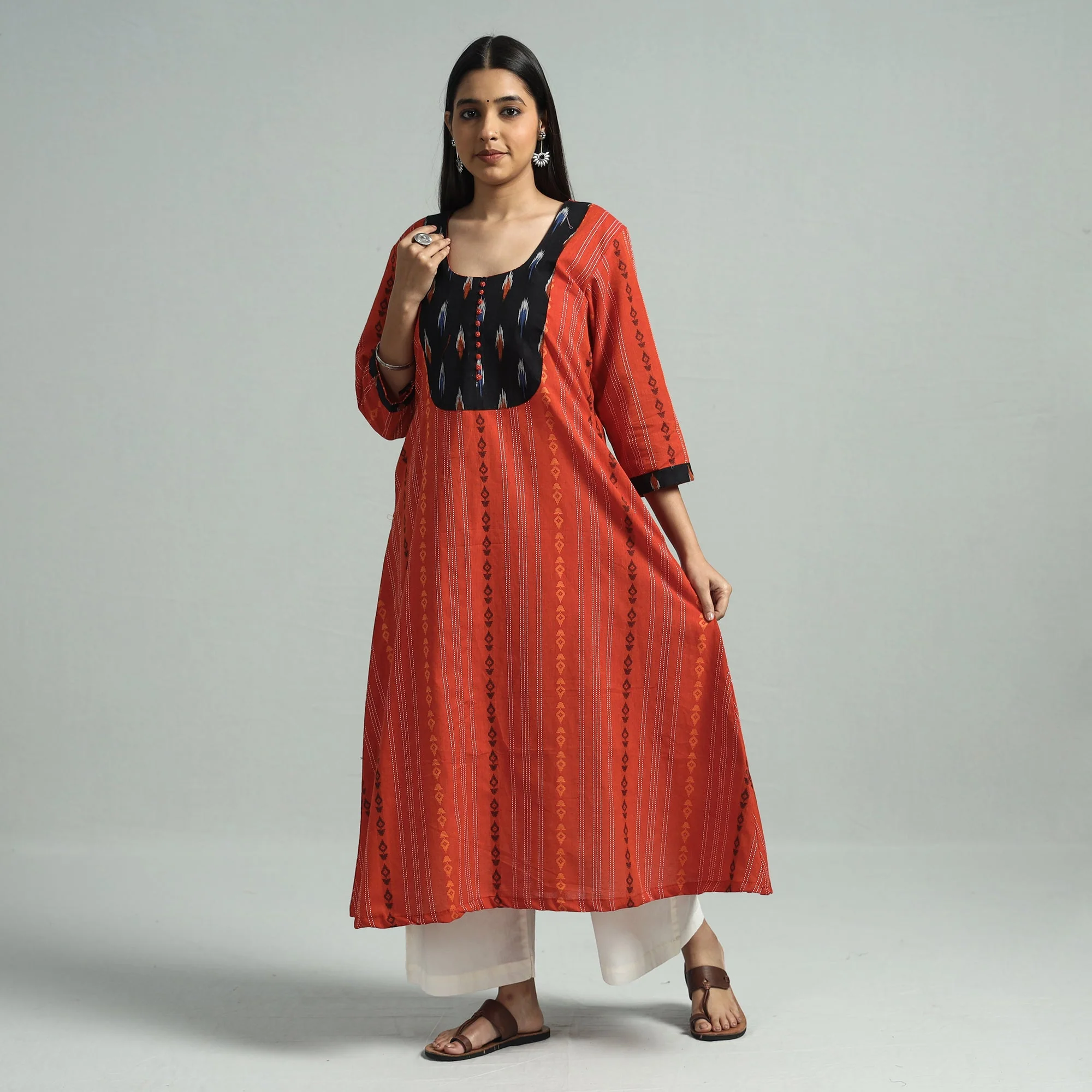 Orange - Jacquard Weave Cotton A-Line Kurta with Ikat Patchwork - Image 3