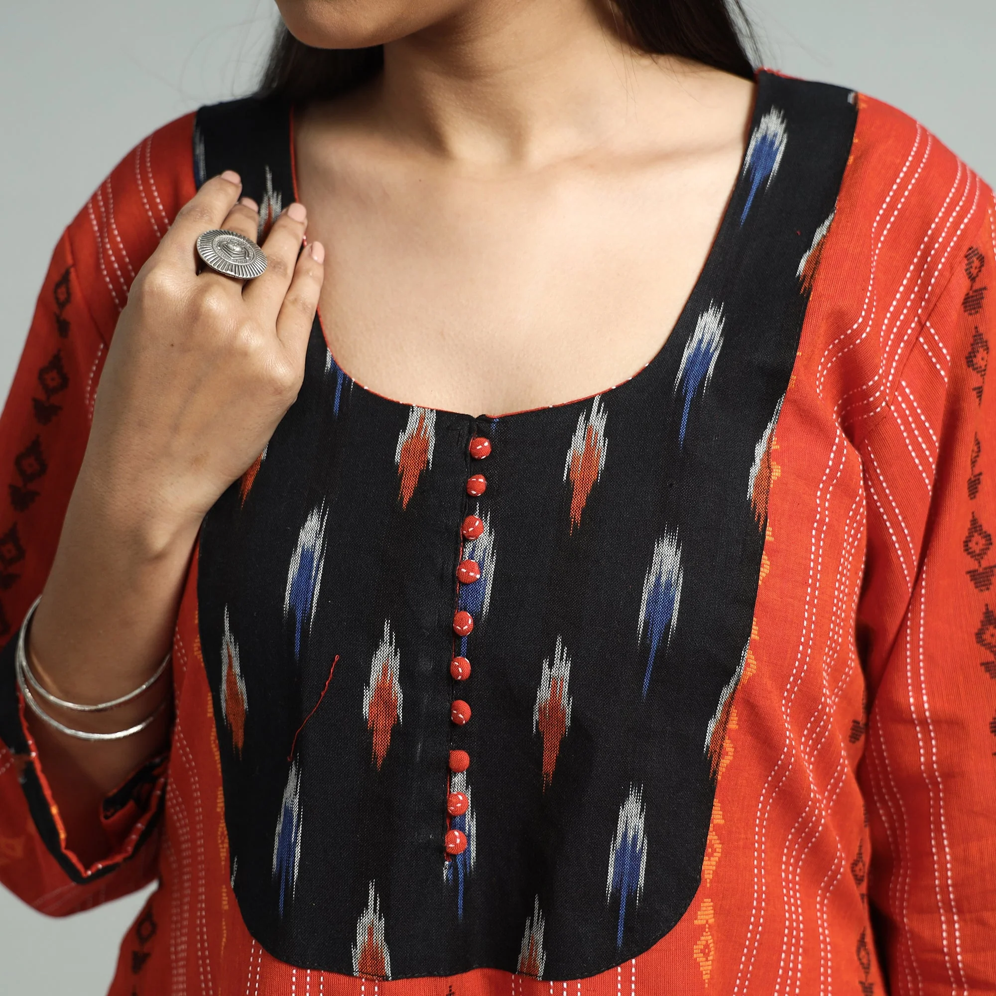 Orange - Jacquard Weave Cotton A-Line Kurta with Ikat Patchwork - Image 4