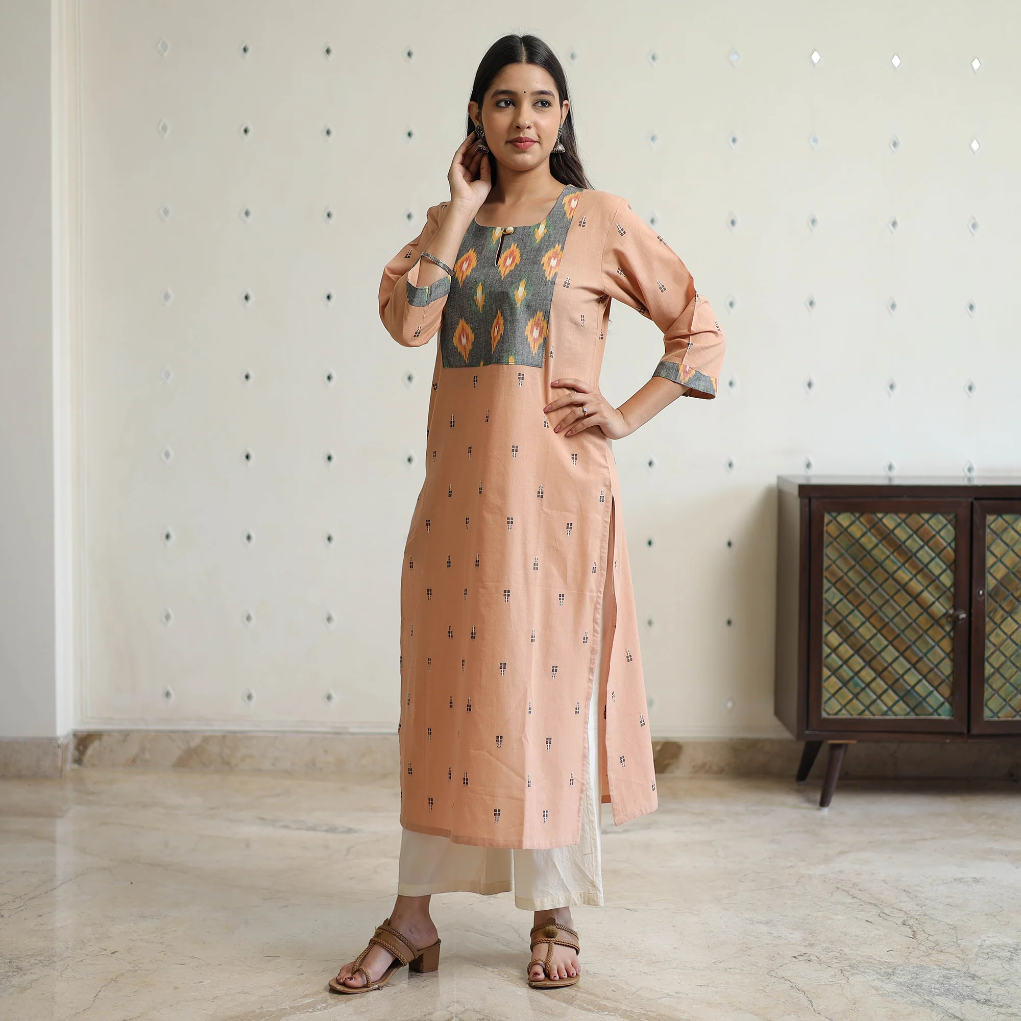 Light Peach - Jacquard Weave Cotton Straight Kurta with Ikat Patchwork 22