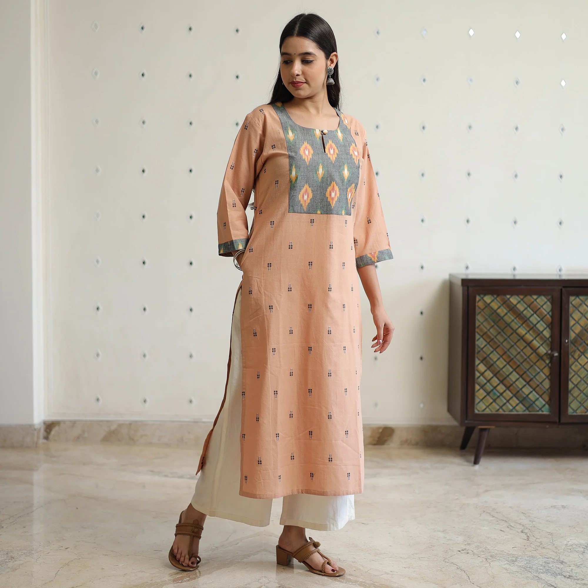 Light Peach - Jacquard Weave Cotton Straight Kurta with Ikat Patchwork 22 - Image 2