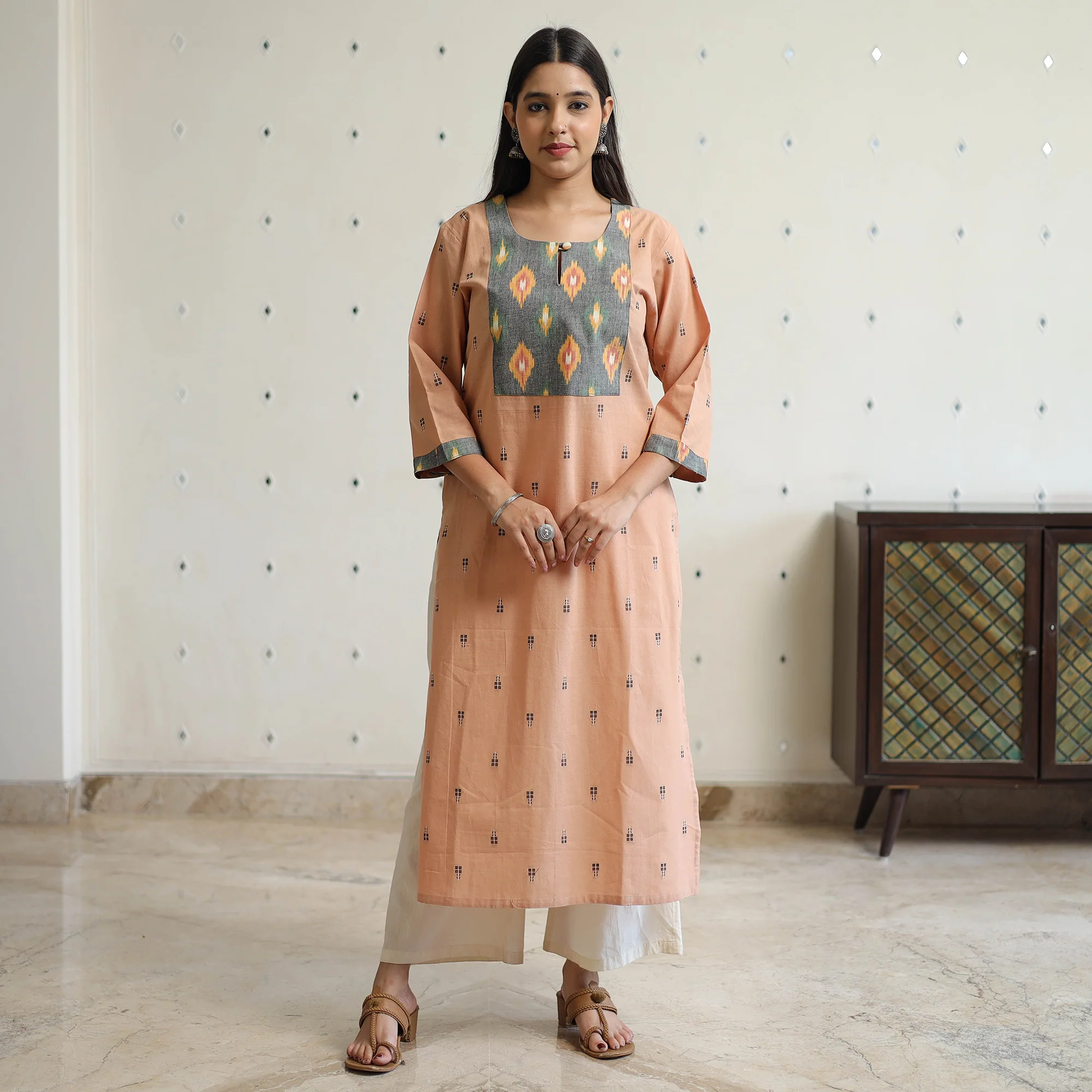 Light Peach - Jacquard Weave Cotton Straight Kurta with Ikat Patchwork 22 - Image 3