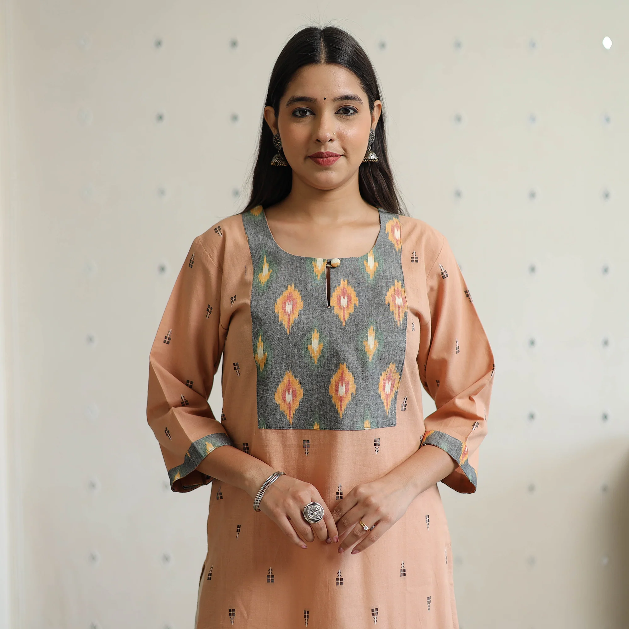 Light Peach - Jacquard Weave Cotton Straight Kurta with Ikat Patchwork 22 - Image 4
